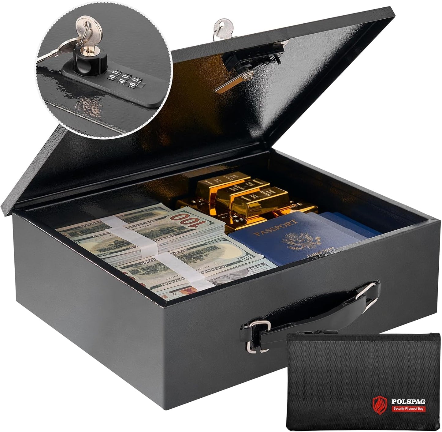 Fireproof Document Box with Key Lock & Fireproof Money Bag,Fire Safe Box for Valuables,Fire Resistance Security Chest,Fireproof Box for Documents,Passport Extra Large (Black-Combination, Large)