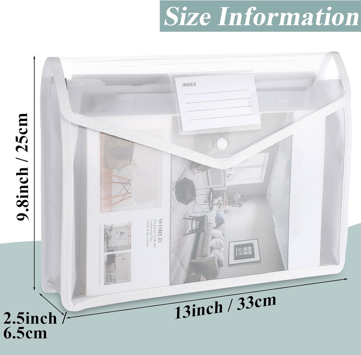 10 Pieces Plastic File Folders Envelope Expanding File Wallet Organizer Documents Folder with Snap Closure and Pocket, A4 Size Waterproof Transparent Pouch(White,Horizontal)