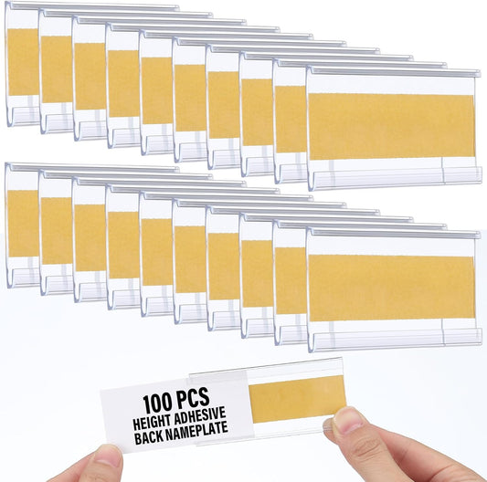 Kathfly 100 Pcs 3 x 1. 4 Inch Self Adhesive Label Holders Nameplate, Clear Shelf Label Holders Plastic Name Price Tag Strip Door Plates for Supermarket Retail Store Home Office Desk Storage Bins