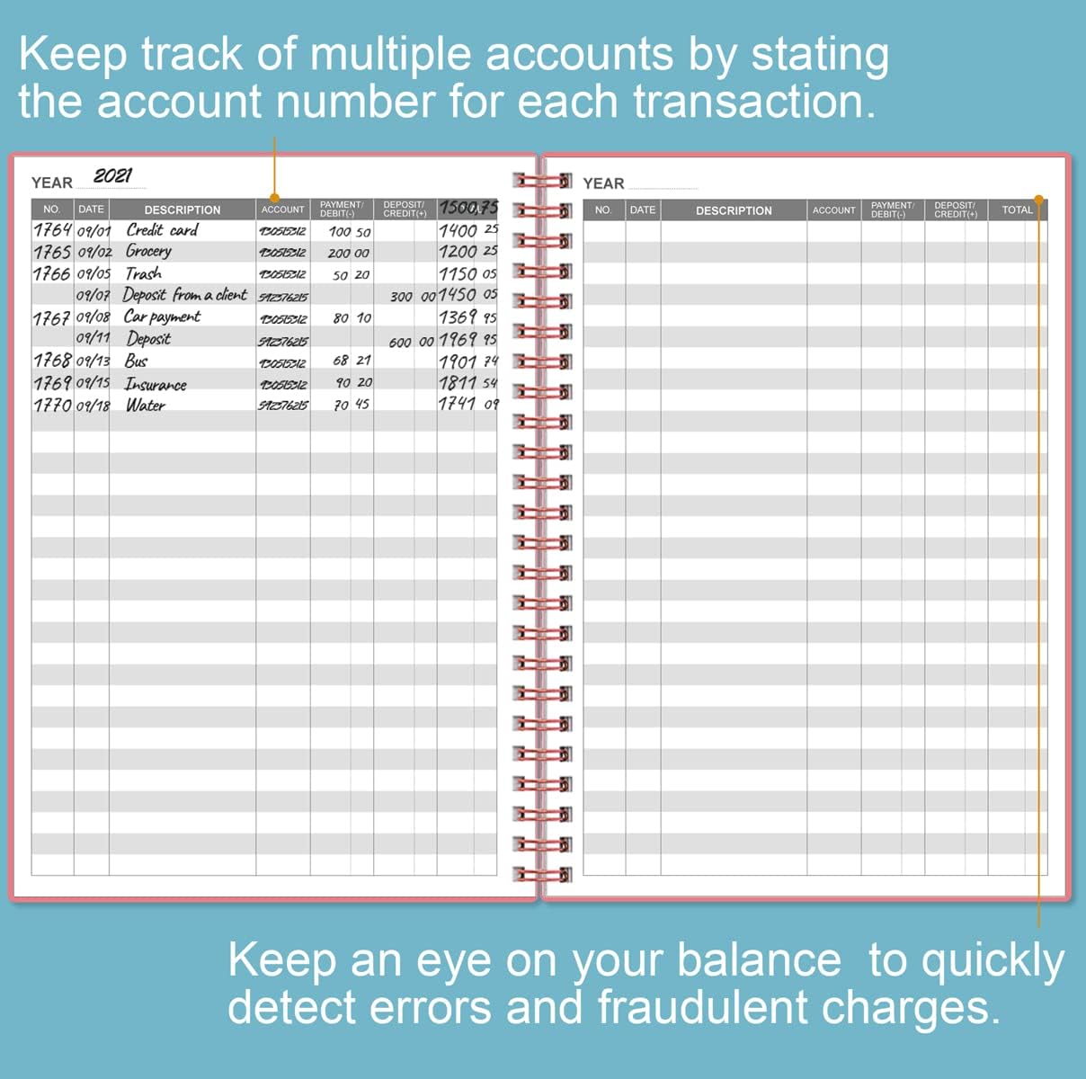 Accounting Ledger Book - A5 Ledger Book for Bookkeeping, Small Businesses & Personal Use, Expense Tracker Notebook for Tracking Money, Expenses, Deposits & Balance, 5.8" x 8.4", Pink