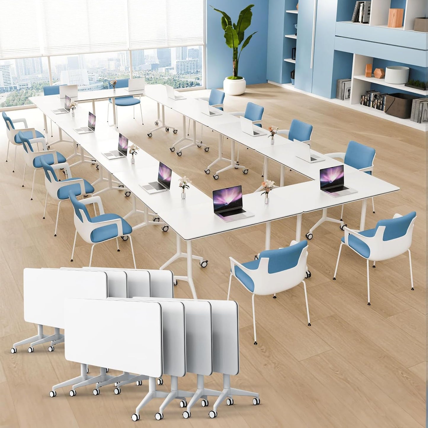 8pack Folding Conference Room Table, Modern Conference Tables with Silent Wheels, Large Rectangular Mobile Training Tables for Office Classroom, Foldable Modular Seminar Table White (L70.9in)