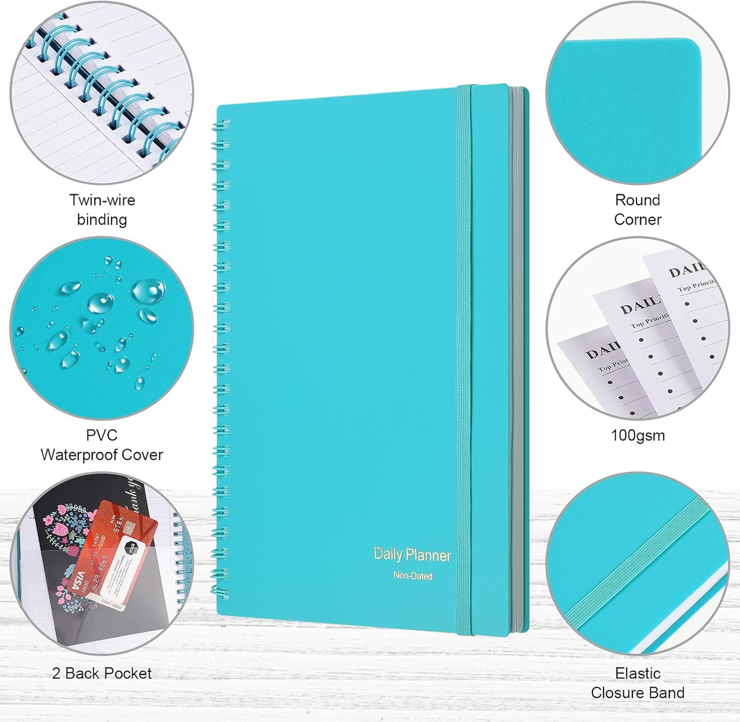 Daily Planner Undated, Asten To Do List Notebook Hourly Schedules Spiral Appointment Planner for Men and Women,PVC Hardcover,Elastic Closure, Inner Pocket 8.3" x 5.8" (Blue)