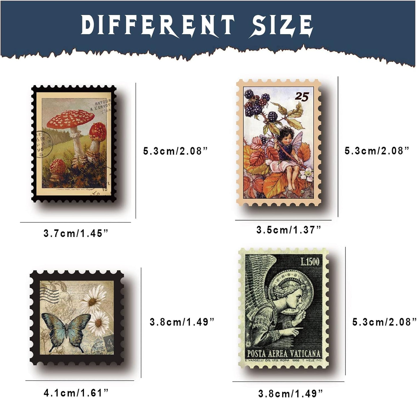 Vintage Postage Stamp Stickers for Scrapbook, 100 Pcs Deco Paper Stickers for Bullet Journal,Botanical Fairy Sticker for Junk Journal, DIY Crafts,Collage Album (Stamp-Like)
