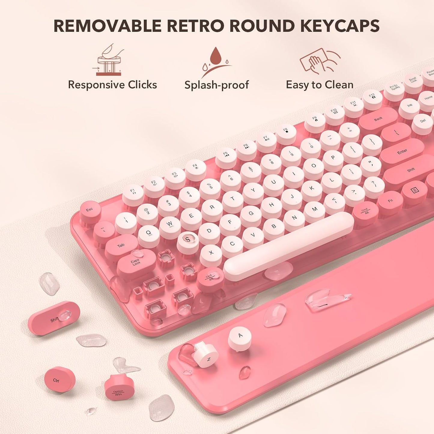 Wireless Keyboard and Mouse Combo - Retro Keyboard with Round Keycaps, Full-Size Typewriter Keyboard with Detachable Wrist Rest, 2.4GHz Connection for Mac/Windows/PC (Baby Pink)