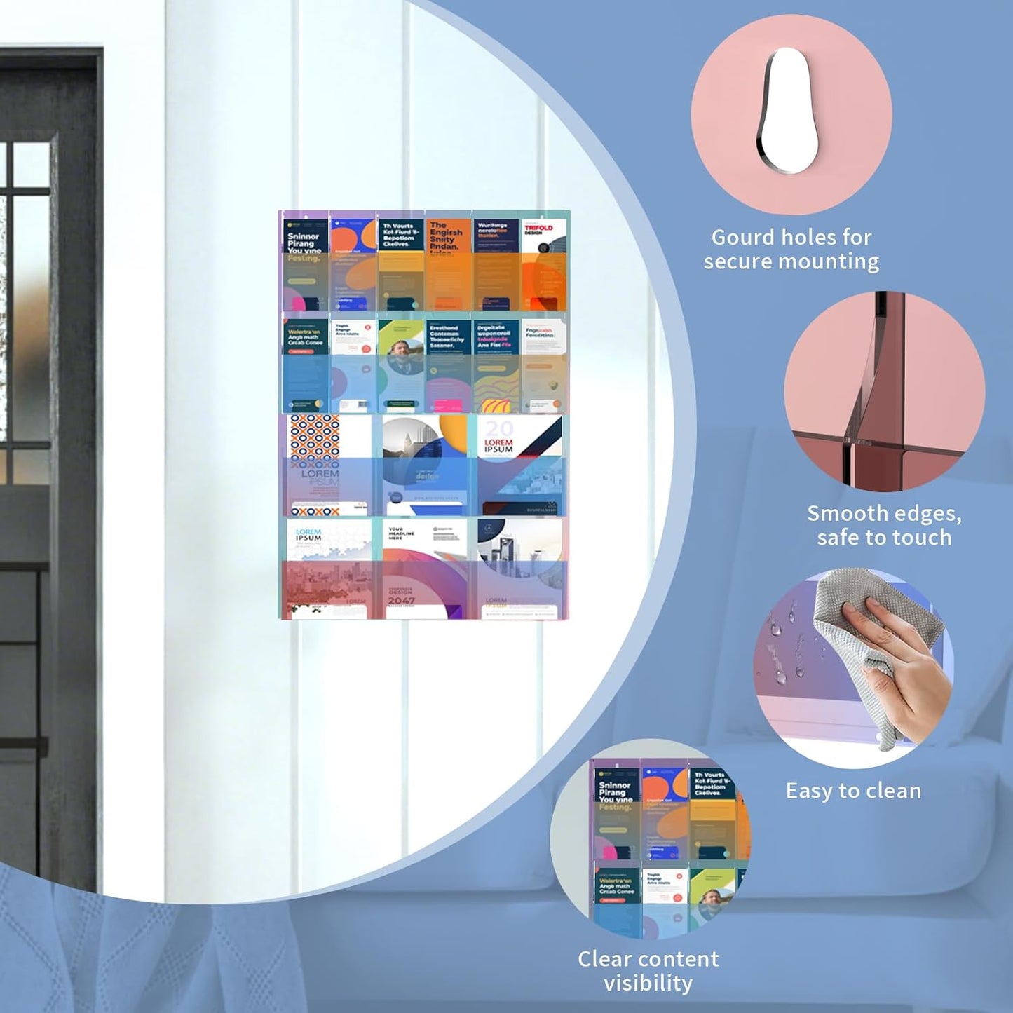 Iridescent Acrylic Wall Mounted Brochure Holder, 6 Magazine Holders and 12 Pamphlet Holders, Color-Shifting Display Rack, Trifold Flyer Rack, Literature Storage Rack for Home, Offices, Waiting Room