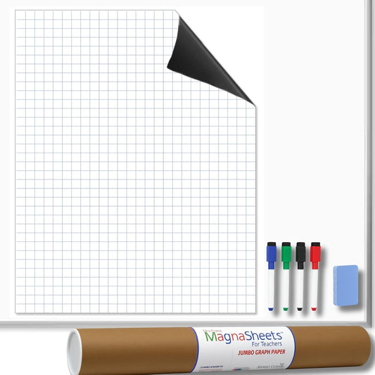 MAGNASHEETS Jumbo Magnetic Dry Erase Whiteboard Sheet – 22x28 Graph Paper Designed for Teachers, Classrooms – Premium PET Surface, No Ghosting, Staining – Includes Storage Tube, Markers, Eraser