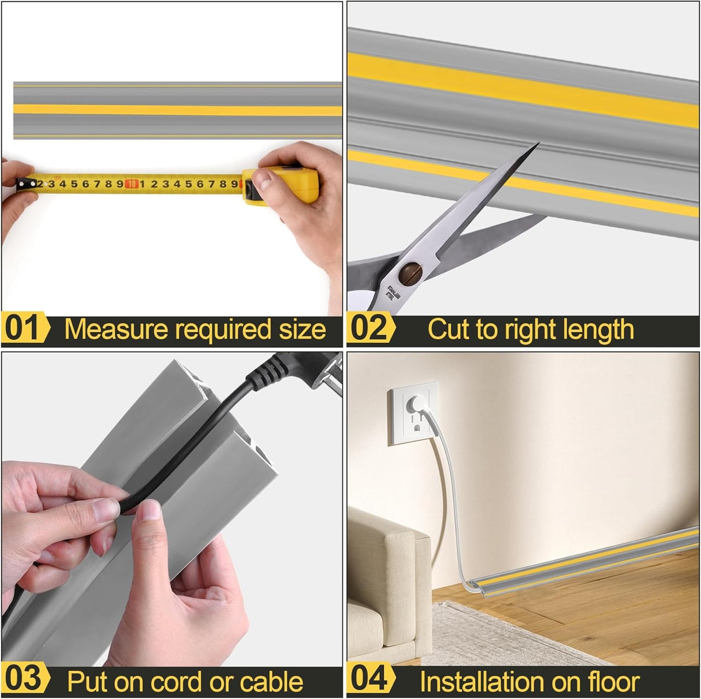 MYFAMIREA 10FT Floor Cord Cover Heavy Duty Cable Cover Protector 3 Channels Extension PVC Floor Wire Cover Outdoor Cord Hider Management Cord Cover for Wire on Floor for Home Office Outdoor, Grey