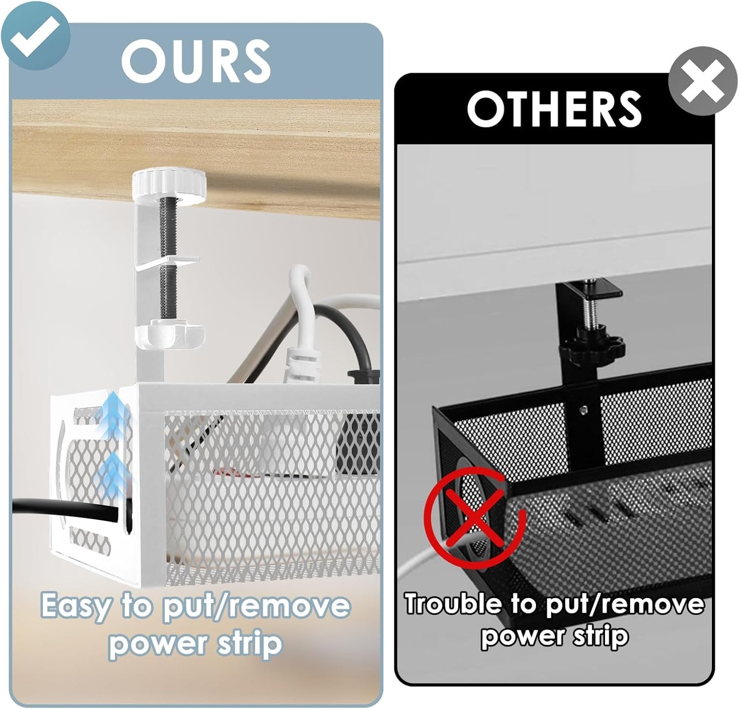Under Desk Cable Management Tray, Cable Management Under Desk No Drill, Wire Management Tray with Clamp, Cord Organizer for Home Office, White
