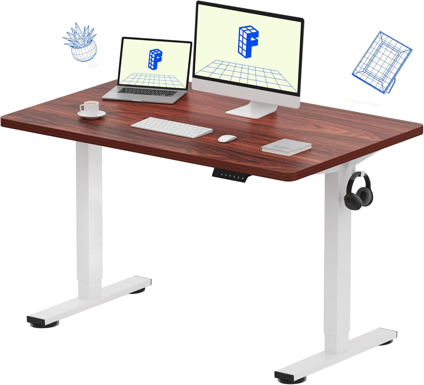 FLEXISPOT EN1 One-Piece Standing Desk 48 x 30 Inch Height Adjustable Desk for Home Office and Computer Workstation (White Frame + 48" Mahogany Top, 2 Packages)