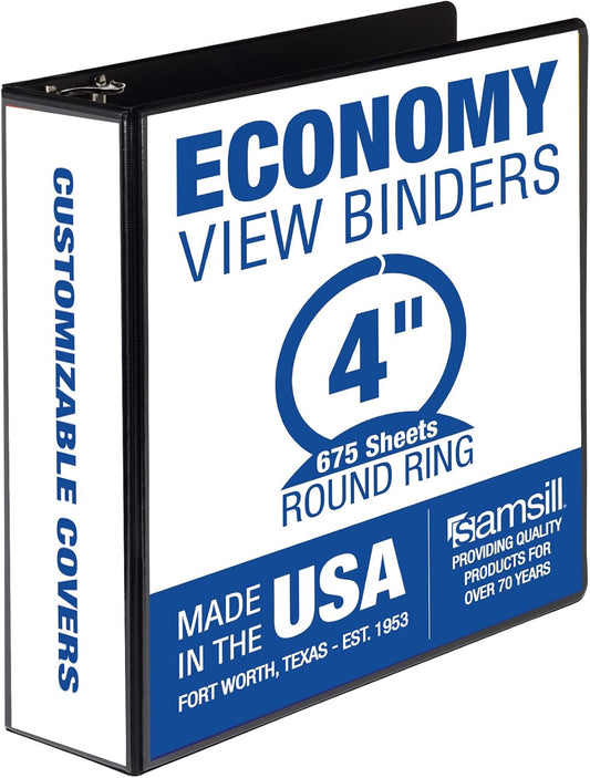 Samsill 4 Inch 3 Ring Binder, Made in USA, Economy Round Ring, Clear View Cover, 675 Sheet Capacity - for School, Home, Office - Charcoal Black