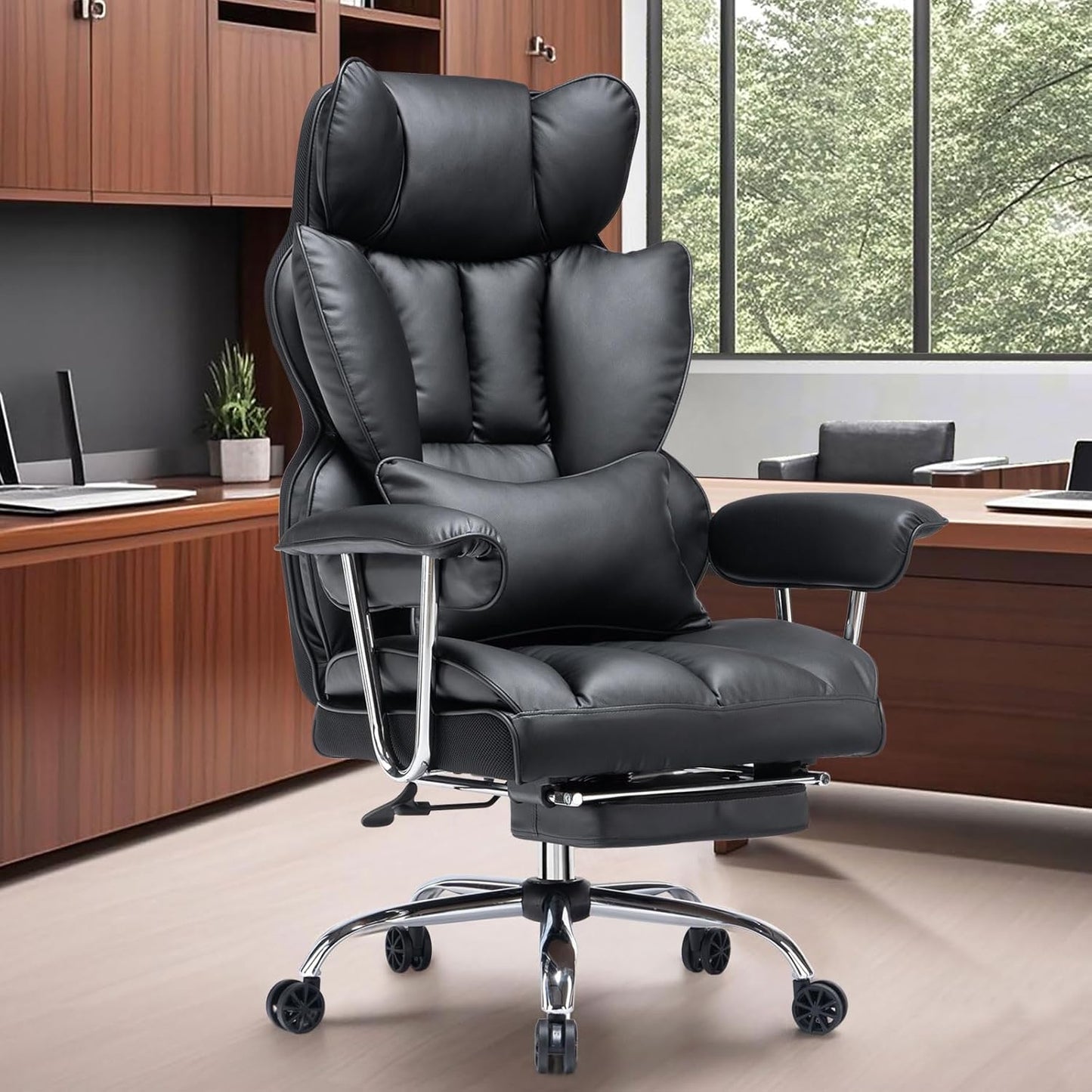 Efomao Desk Office Chair 400LBS, Big and Tall Office Chair, PU Leather Computer Chair, Executive Office Chair with Leg Rest and Lumbar Support, Black Office Chair