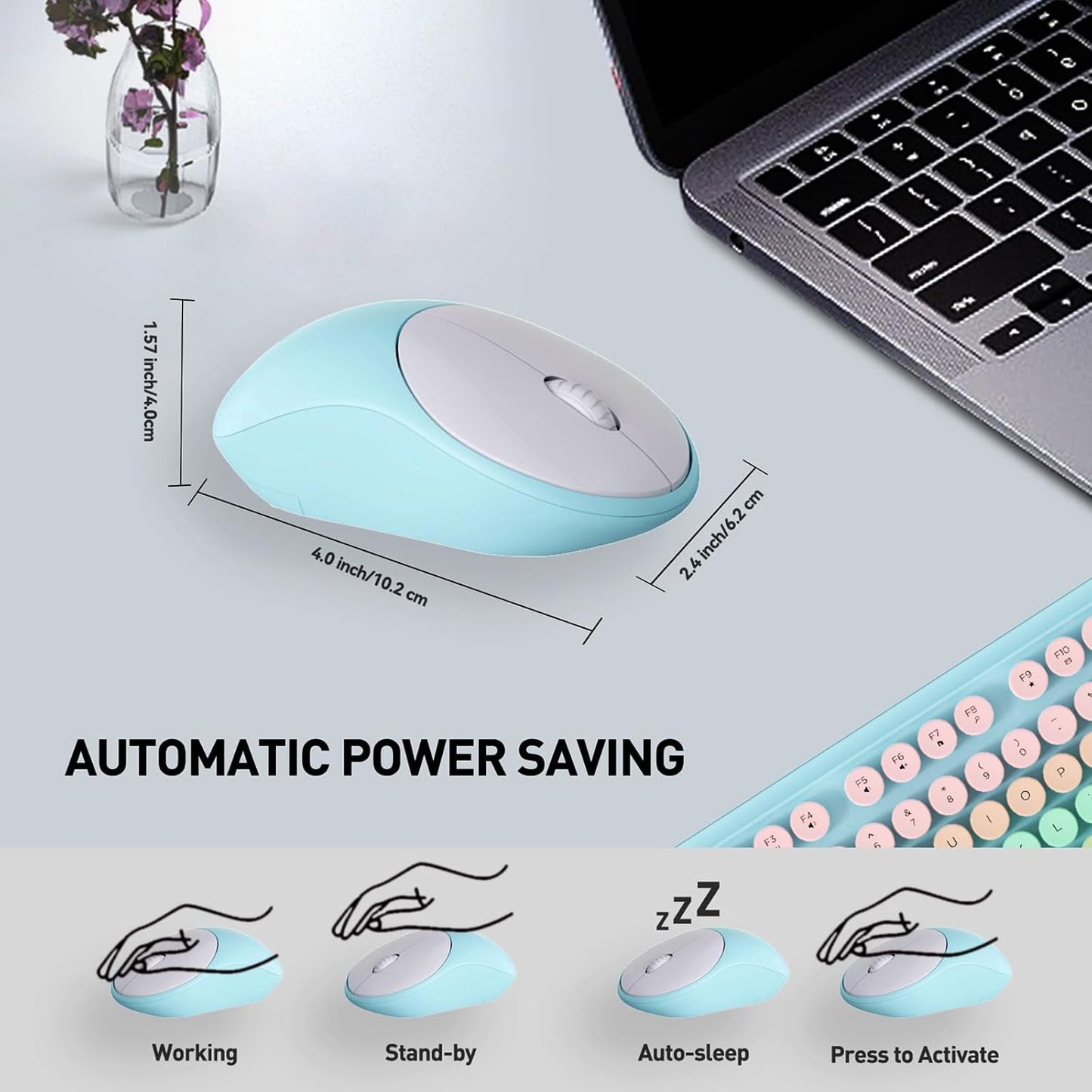 Wireless Keyboard and Mouse Combo, 2.4 GHz Wireless Full-Sized Typewriter Mouse and Keyboard with Round Keycaps for Windows, Computer, Desktop, PC, Laptop (PinkBlue)