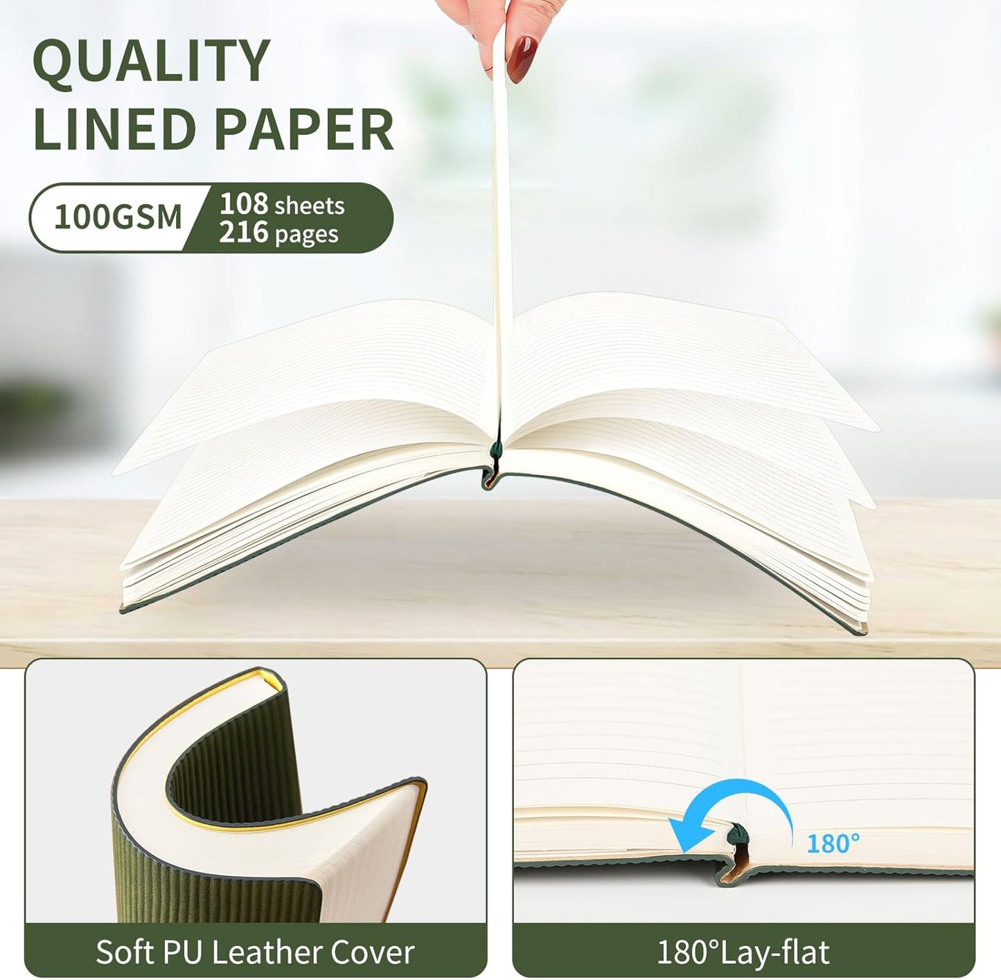 TSFPapier A5 Lined Notebook with Pen & Gift Box 216 Pages PU Leather Journal for Women Men 100GSM Thick Paper College Ruled Notebook for School,Travel,Business,Work,Home Writing (A5 Lined 216pages, Dark Green - Gift Box Set)