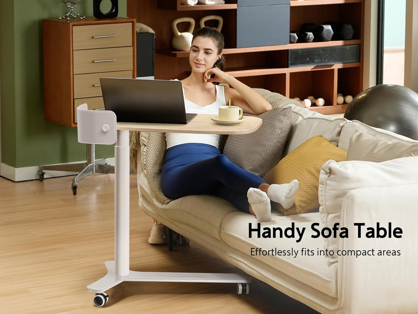 Rolling Desk Adjustable Height with Drawer and Wheels, Portable Small Standing Desk Pneumatic for Home Office, Mobile Computer Laptop Desk Cart, Medical Sofa Overbed Table, Oak