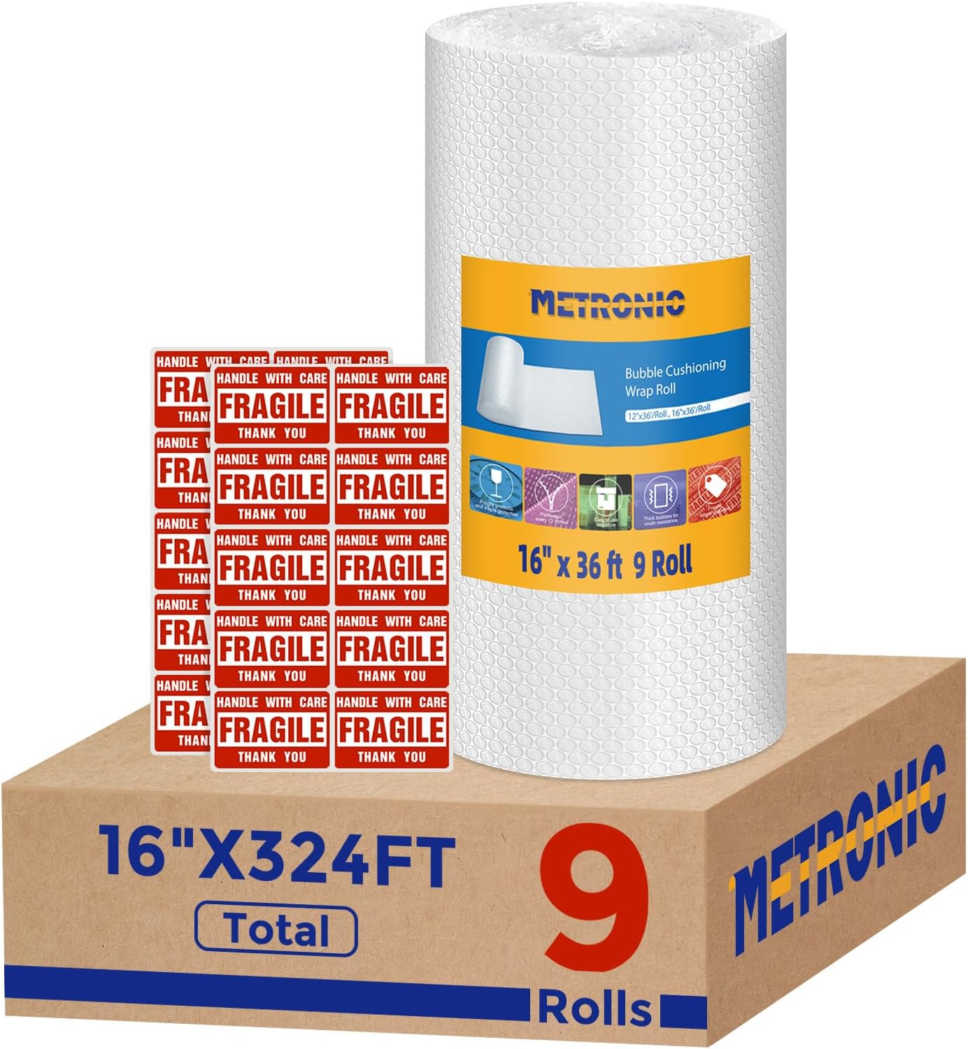 Metronic Bubble Cushioning Wrap 9 Pack 16 Inch x 324 FT, Dense Bubble Packing Air Wrap Clear Bubble Packing Roll for Shipping and Moving Supplies, Perforated Every 12"