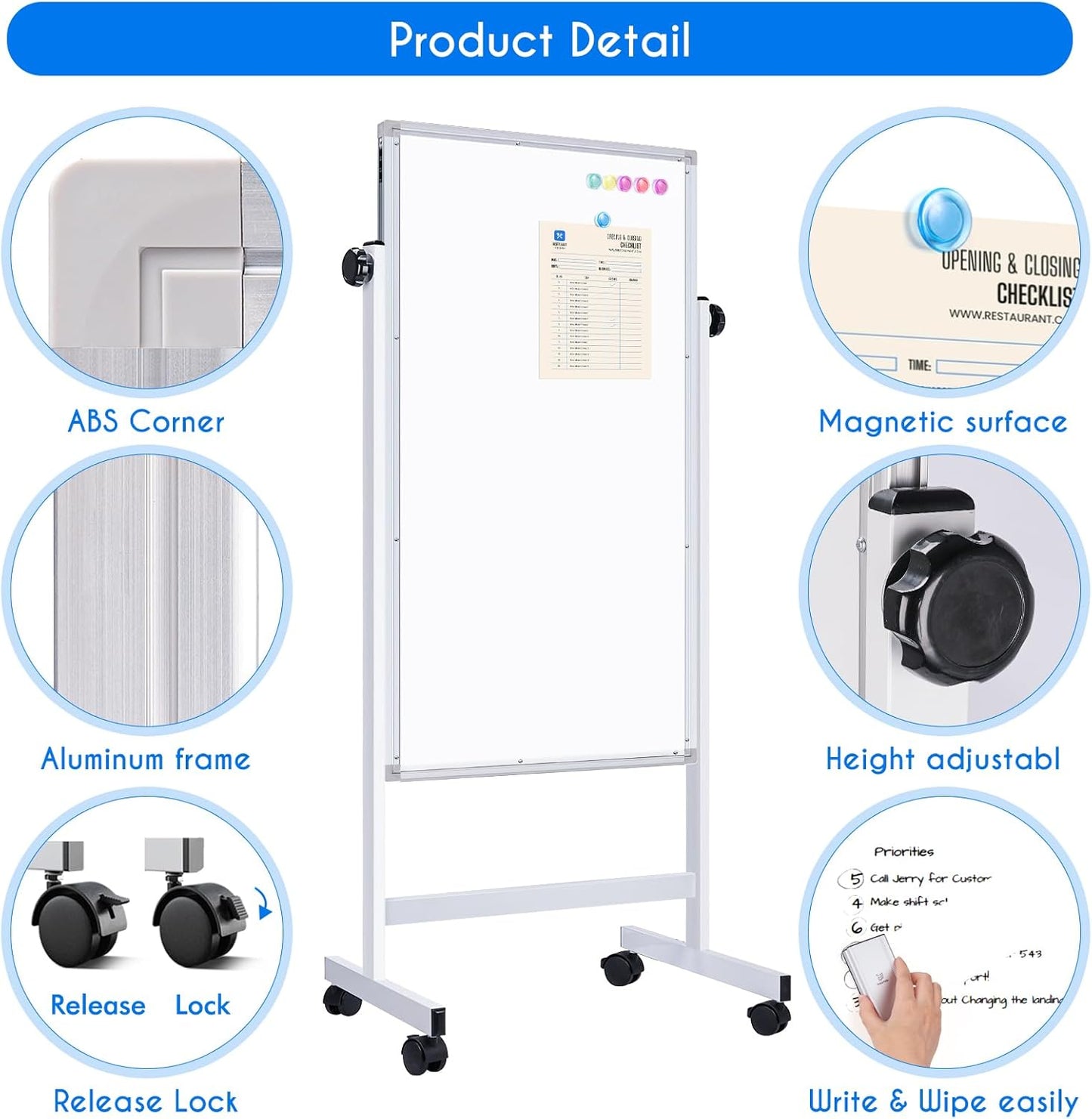 maxtek Rolling White Board, 48 x 24 Height Adjustable Whiteboard on Wheels, Large Magnetic Standing Mobile Easel Board, Double-Sided with Stand for Office, Home, and Classroom