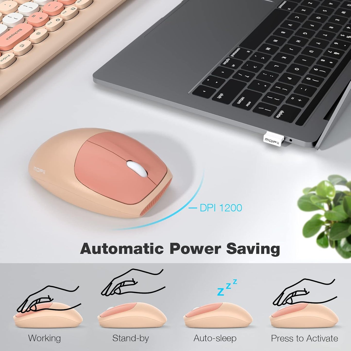 MOFII Wireless Keyboard Mouse Combo, Colorful Compact Full Size Wireless Keyboard and Mouse Set 2.4G Ultra-Thin Sleek Design for Windows, Computer, Desktop, PC, Notebook- Milk Tea Colorful