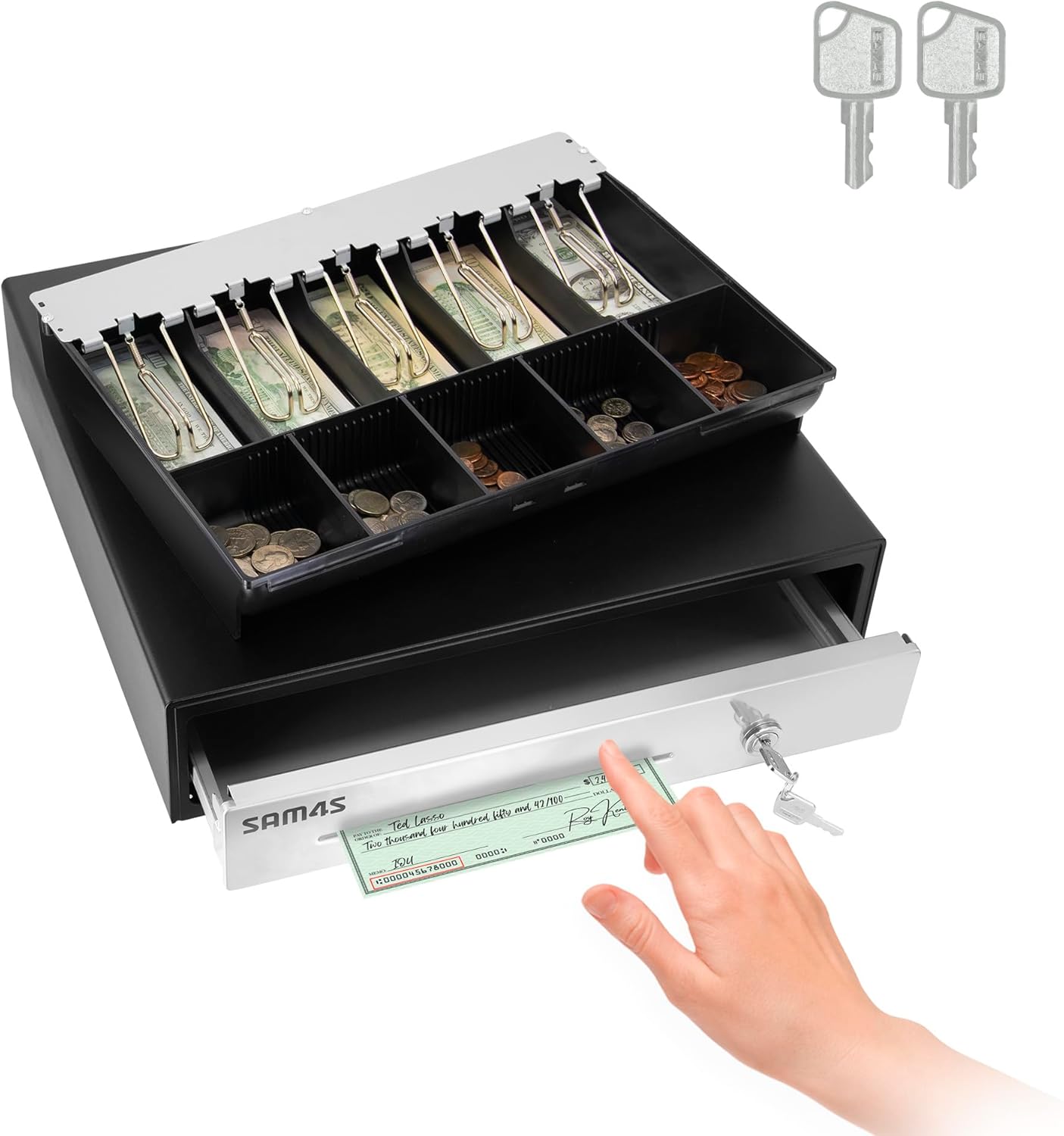SAM4s 16" Heavy Duty Black Manual Push Open Cash Drawer with 5Bill/5Coin Stainless Steel