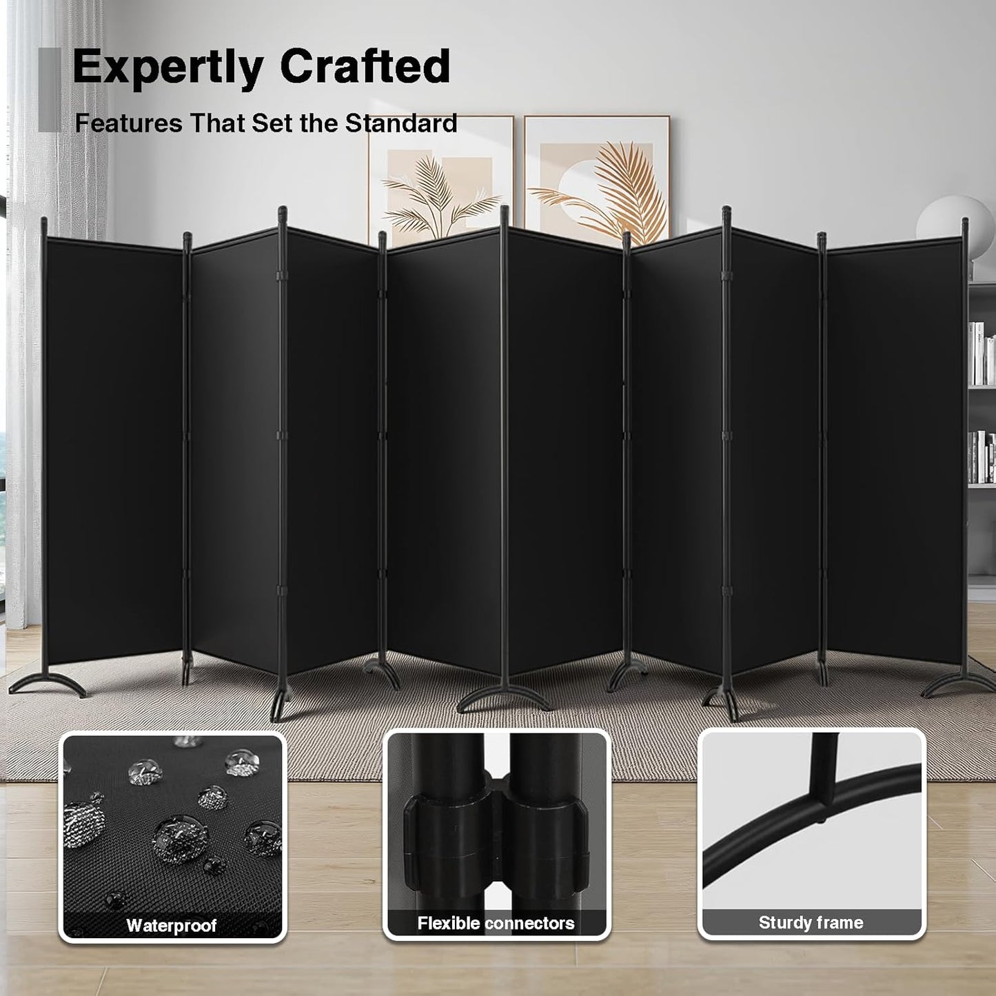 Room Divider-Folding Privacy Screens, 6 ft Partition Room Dividers Wall for Separation, Home, Office, Classroom, Studio (Black, 8 Panel)