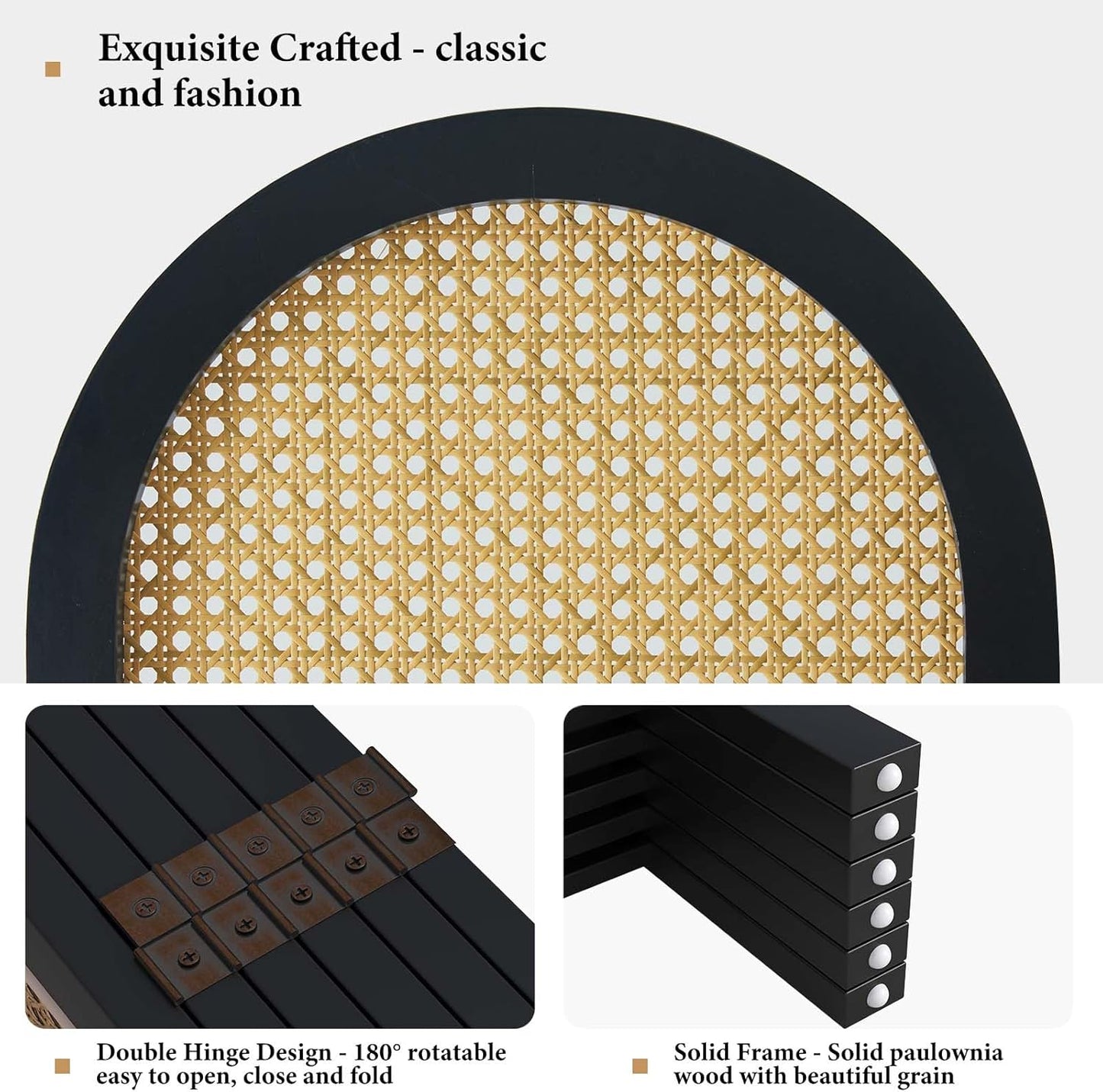 Room Dividers and Folding Privacy Screens, 5.6 Ft Double Hinged Rattan Partition Freestanding Wall Room Divider for Home - 6 Panels (Black)