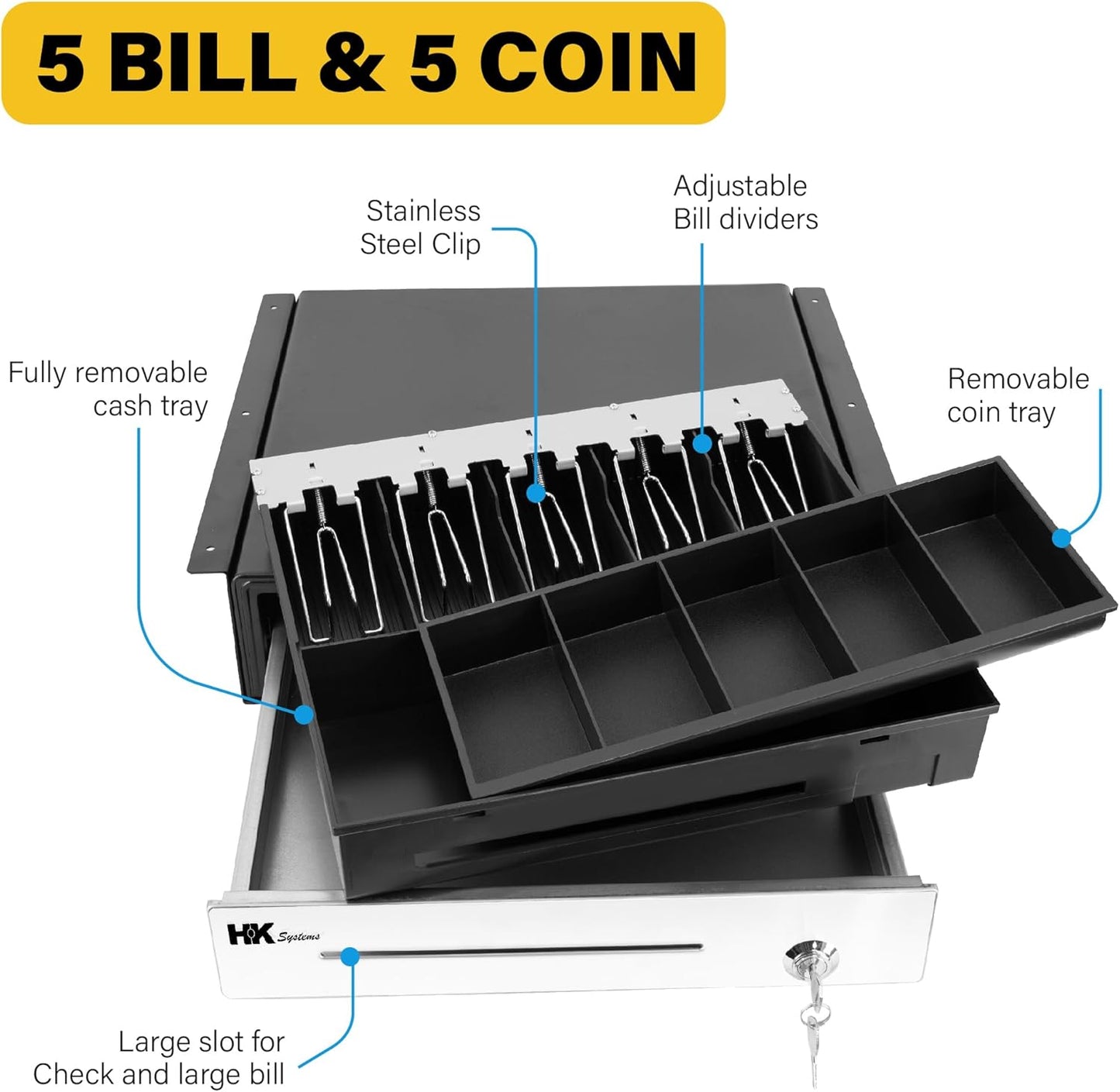 HK SYSTEMS 16""Stainless Steel" Front Heavy Duty Black POS Cash Drawer with 5Bill/5Coin with Under Counter Mounting Metal Bracket and Till Cover