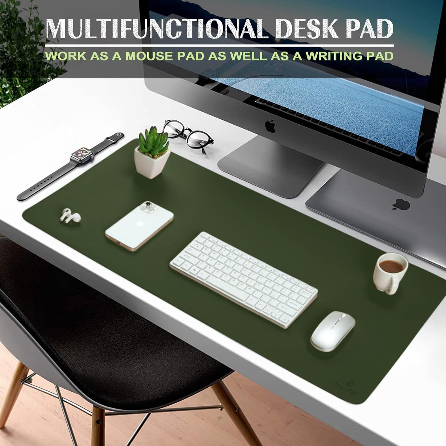 K KNODEL Large Office Leather Desk Mat, Mouse and Keyboard Pad, Computer and Laptop Mat, Desktop Protector and Cover, Writing Pad and Blotter (31.5"x15.7", Dark Green)
