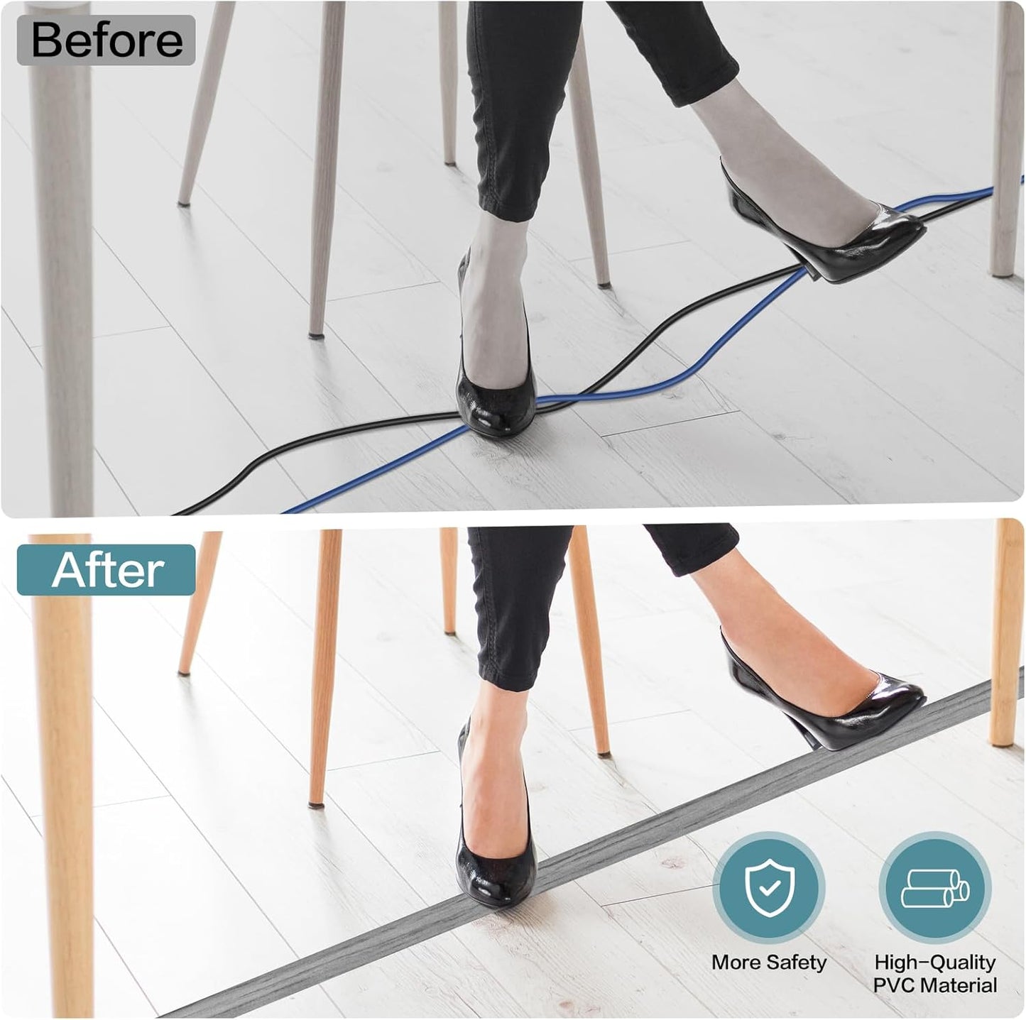 Floor Cord Cover Self Adhesive Cord Hider Floor Extension Cord Covers for Floor Power Cord Protector Cable Management Prevent Cable Trips Cable Cavity 0.59" W x 0.31" H (Light Grey Wood, 10Ft)