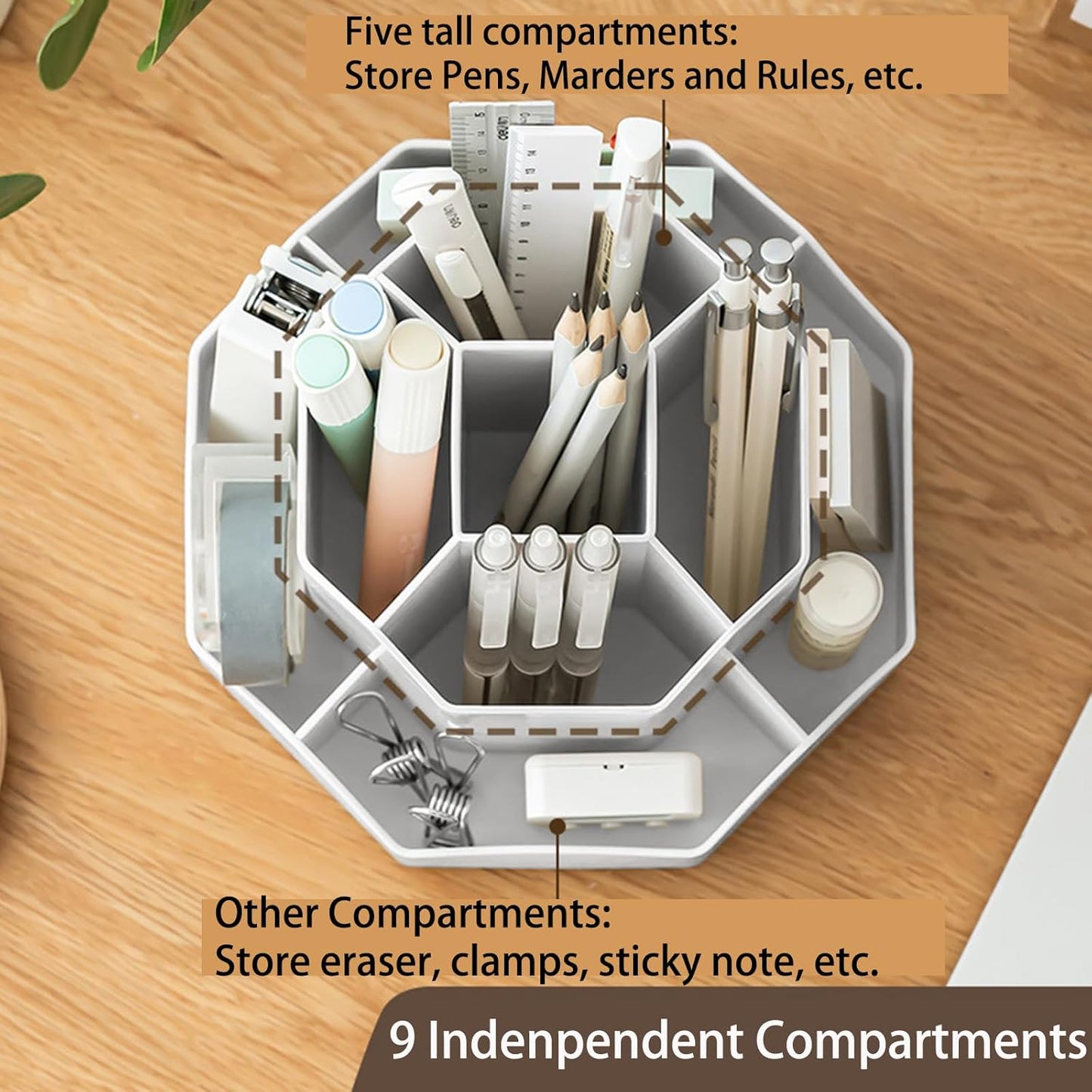 Pencil Pen Holder for Desk, 9 Slots 360 Degree Rotating Desk Organizer, Desktop Storage Pen Organizers Stationery Supplies, Cute Pencil Cup Pot for Office School Home & Art Supplies (Grey)