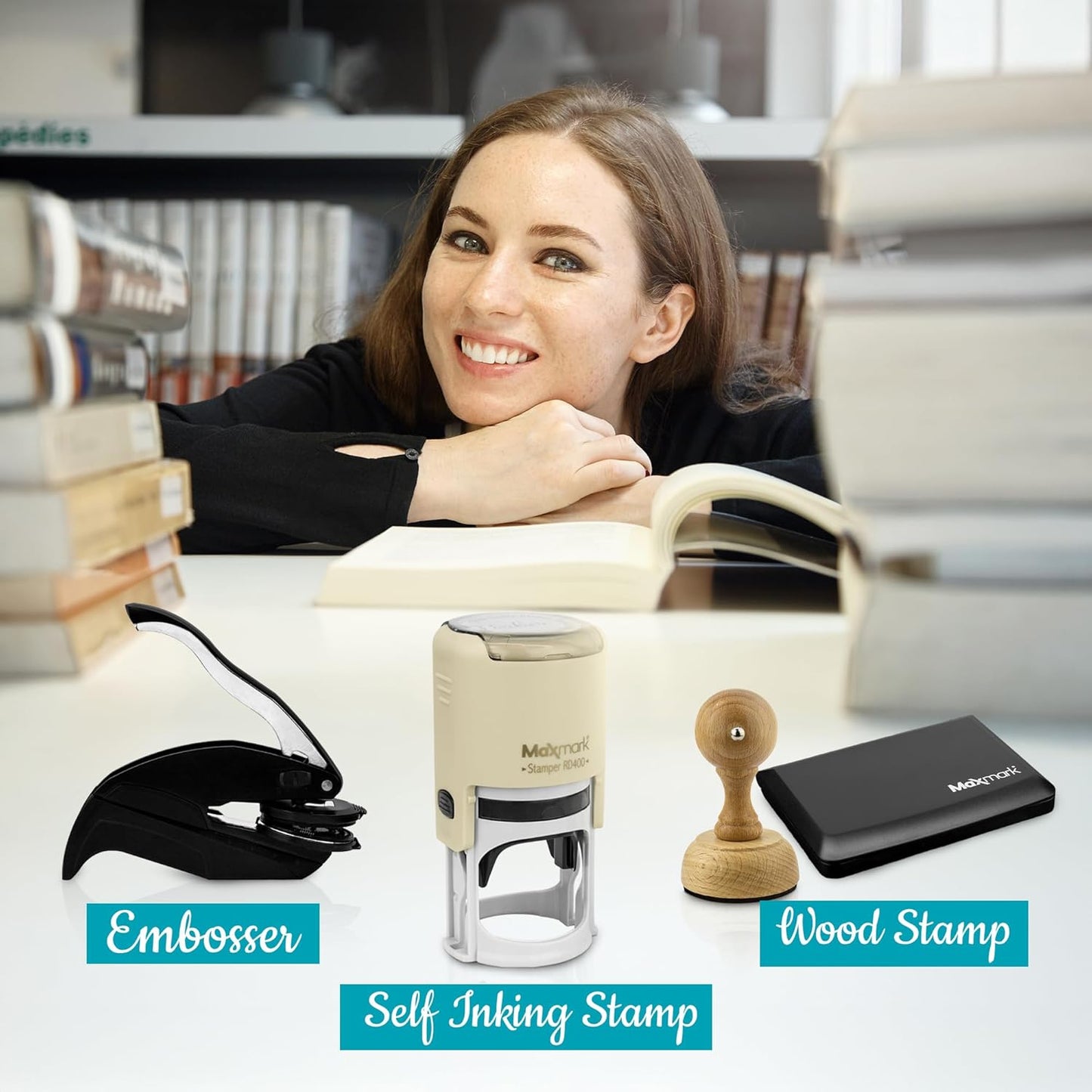 Custom Library Embosser - Style 115 - Embosser, Wood Stamp or Self Inking Stamp - Book Embosser Includes 50 Gold Seals - Custom Stamp Seal from The Library of