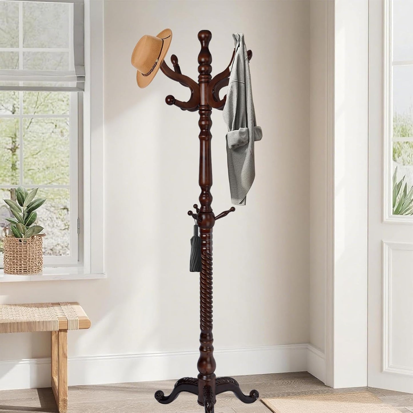 Wooden Coat Rack Freestanding with Resin Hooks, Adjustable Heavy Duty Stand for Hanging Coats, Bags, Hats, and Umbrellas in Living Room, Bedroom, Entryway (Tripod-Antique Color)