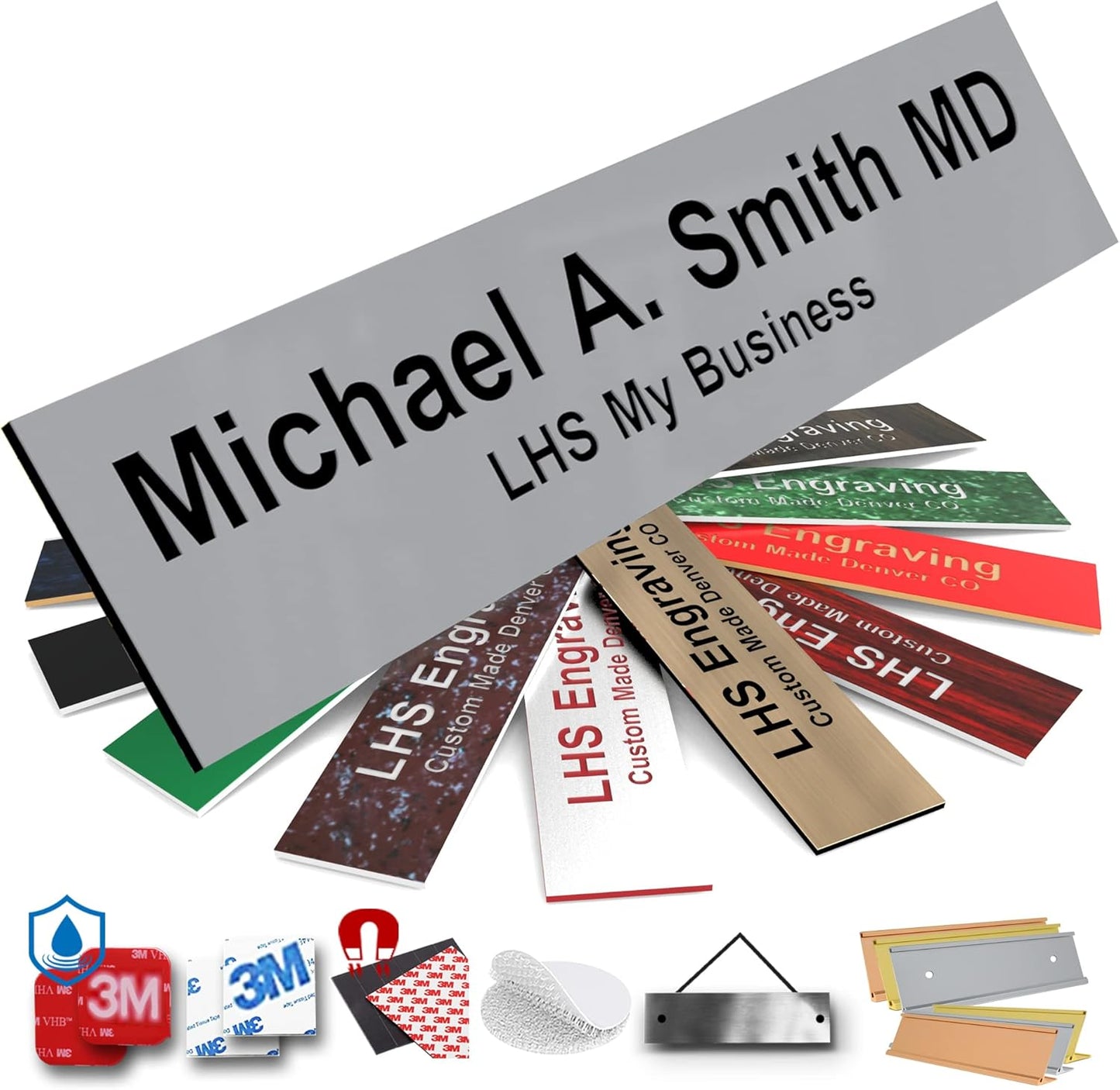 Door Name Plate Personalized for Office Gray Plastic Name Plate Black Letters - Made in USA 2x12 B8