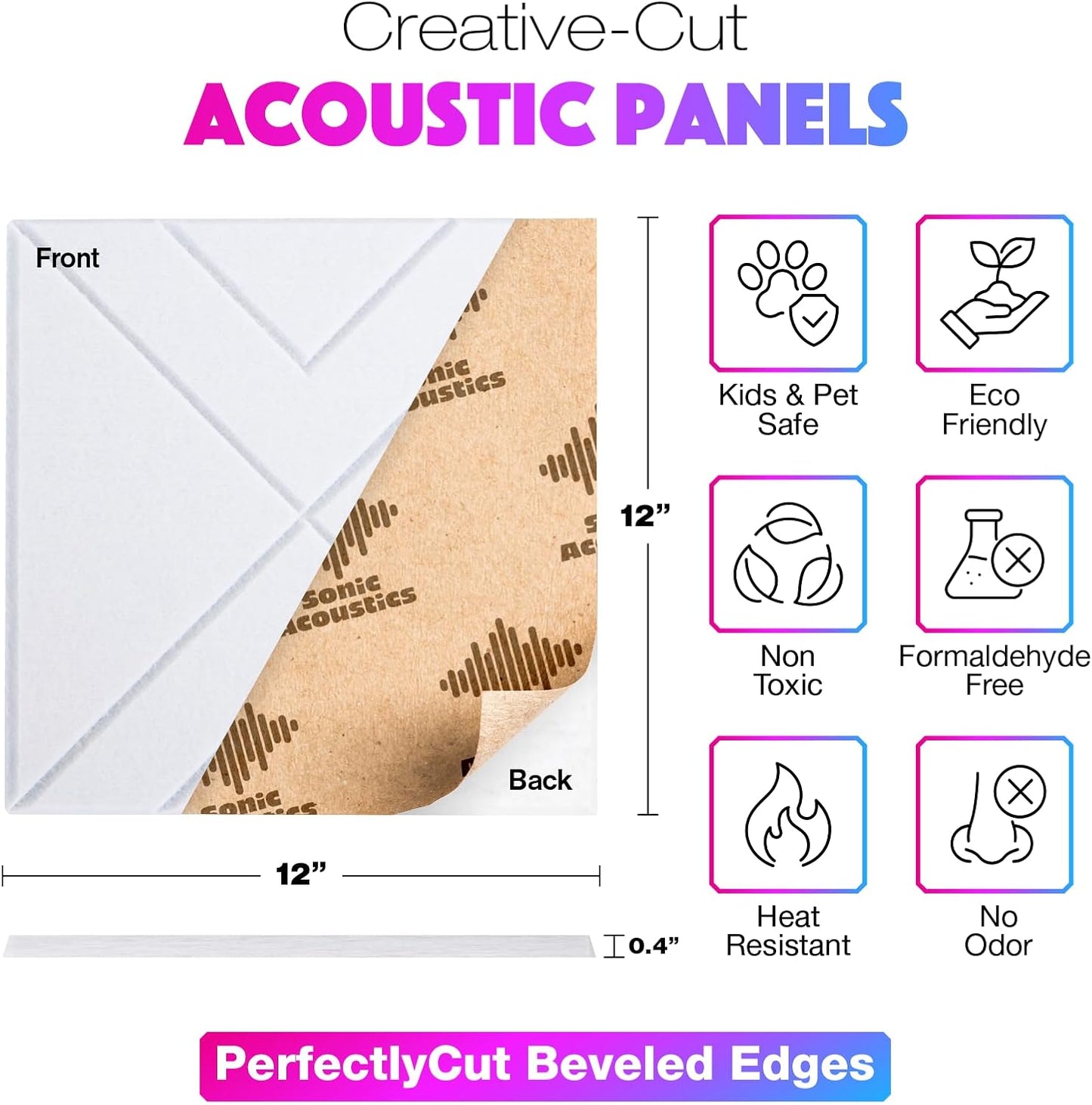 18 Pack Self-Adhesive Acoustic Panels, 12"x 12"x 0.4" Sound Absorbing Panels, High Density Square Sound Proof Noise Dampening Panels for Walls Home Studio Office, Triangle Cutting Style, White