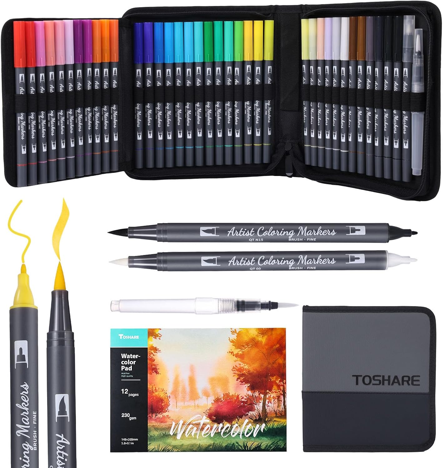 Watercolor Pens Set, 36-Color Dual Tip Paint Markers, Water-Based Coloring Markers with 1 Aquapen, 1 Colorless Blender, 1 Black Marker, and 12-Page Pad, Art Supplies for Artists and Beginners