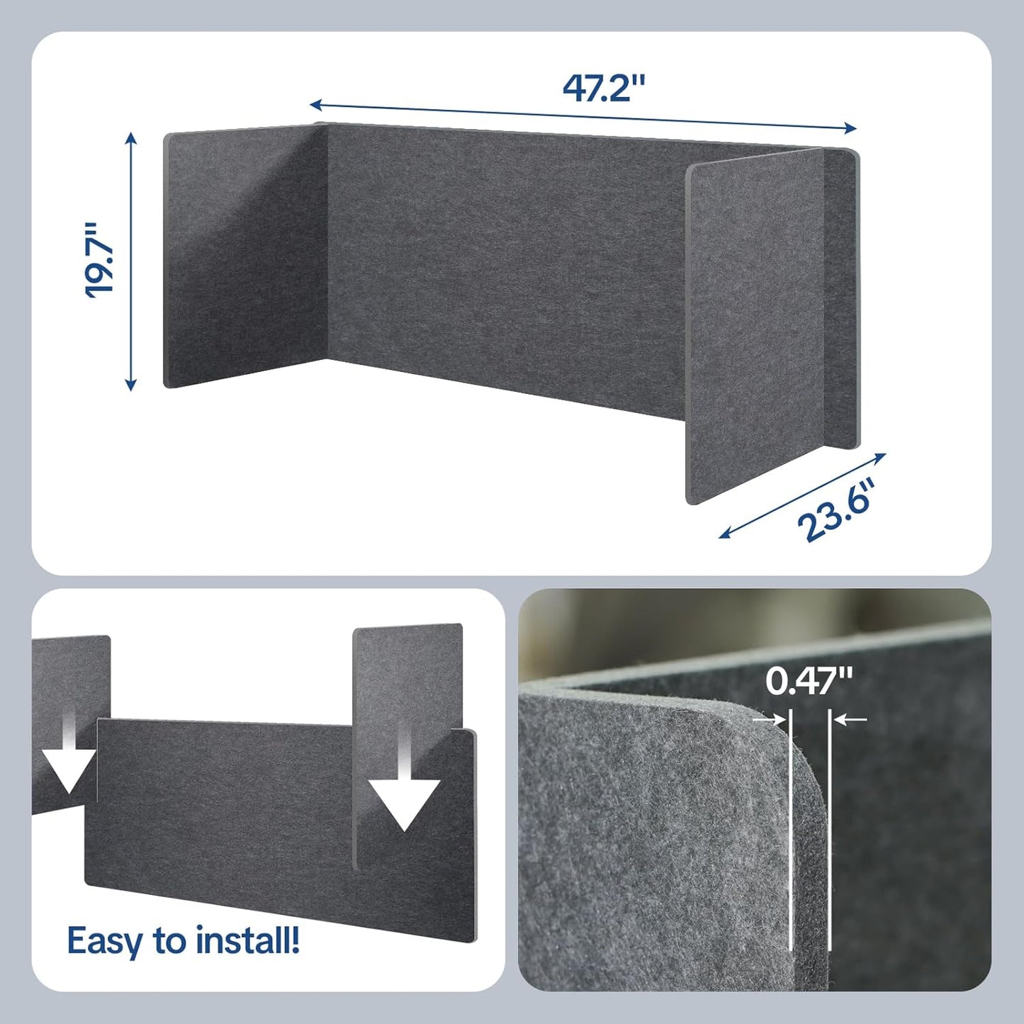 Desk Divider Privacy Screen 3 Panel Sound Absorbing - 47.2”x 23.6”x 19.7” Freestanding Acoustic Partitions for Office, Noise Reducing Panels for School, Home, Library,Dark Grey