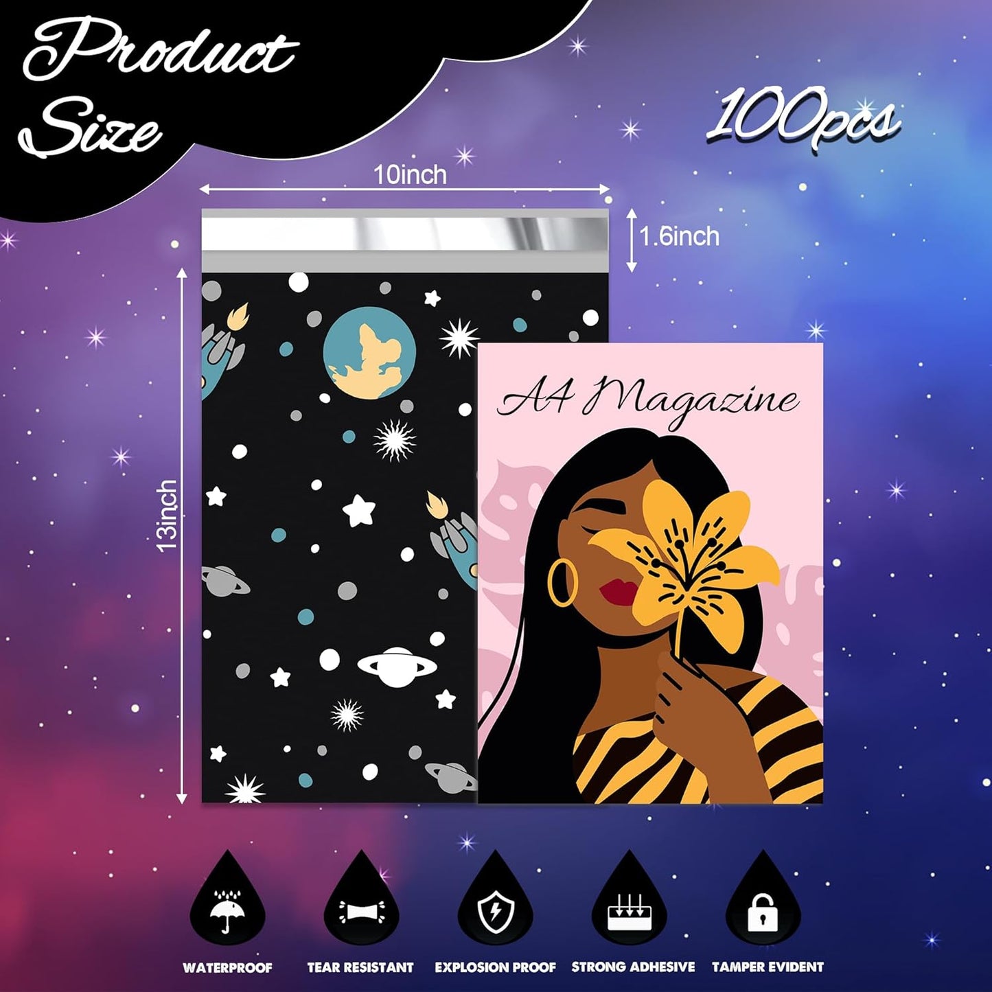 Planets Poly Mailer 10x13 Inch 100 Pcs, Waterproof Shipping Bags for Clothing, Tear-Resistant Mailier Bags, Strong Mailing Bags with Self-Seal