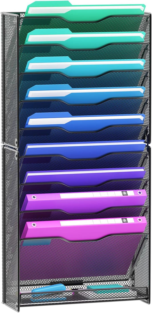 10 Tier Hanging Wall File Organizer, Wall File Holder Organizer Mounted Letter Mail Magazine File Rack With Flat Tray For Office Home School, Black