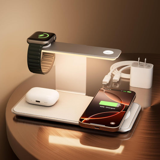 GUSGU 3 in 1 Charging Station for MagSafe Wireless Charger with Three-Level Night Light, 15W Max Fast Charging for iPhone 16/15/14/13/12, iWatch S1-8/Ultra, AirPods(USB-C Charger Included)-Gray