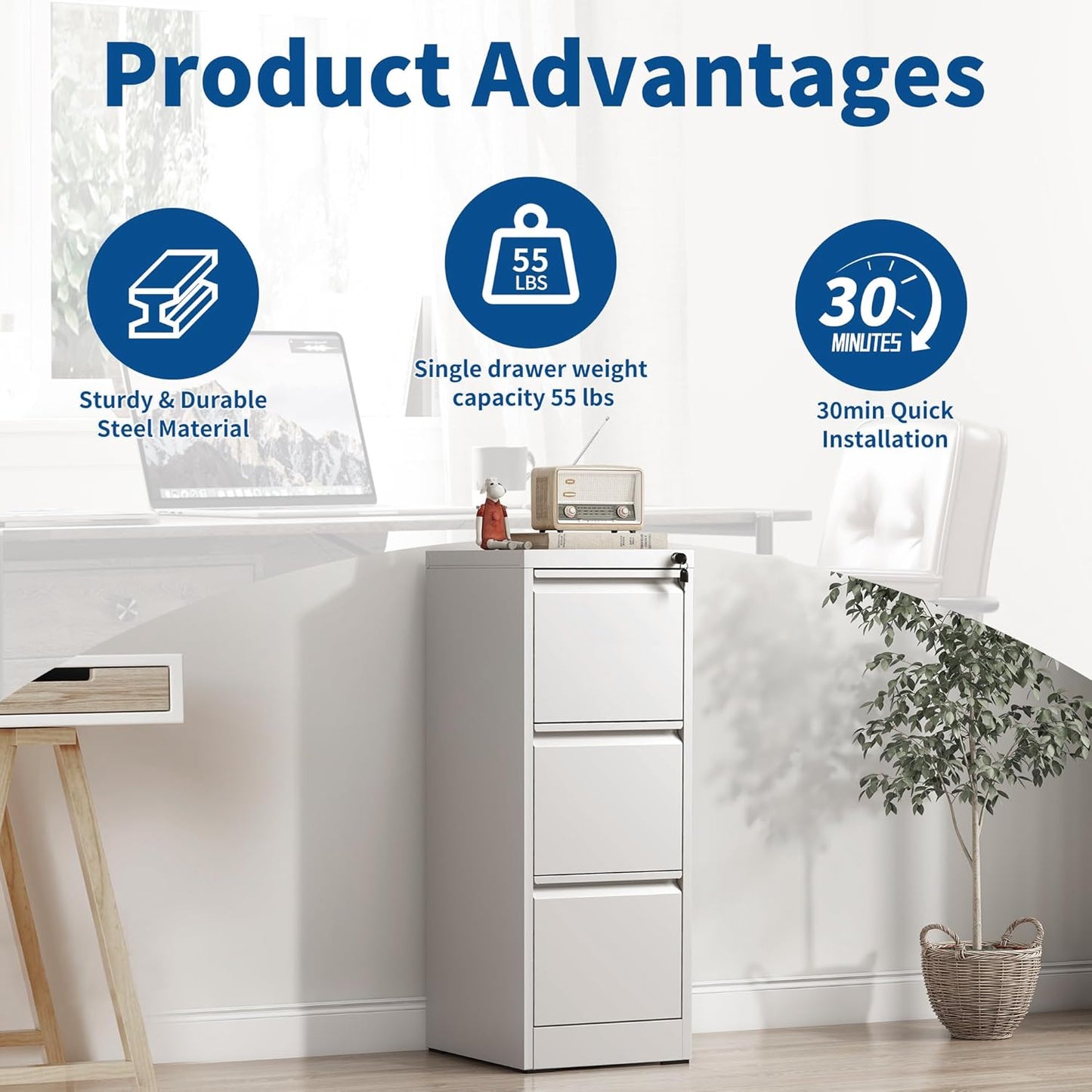 3-Drawer Locking Vertical File Cabinet, Metal Storage Cabinet for Office/Home – Secure Vertical Filing for Letter/Legal/A4/F4 Documents, Easy to Assemble Steel Cabinet (White, 3 Drawer-40 H)