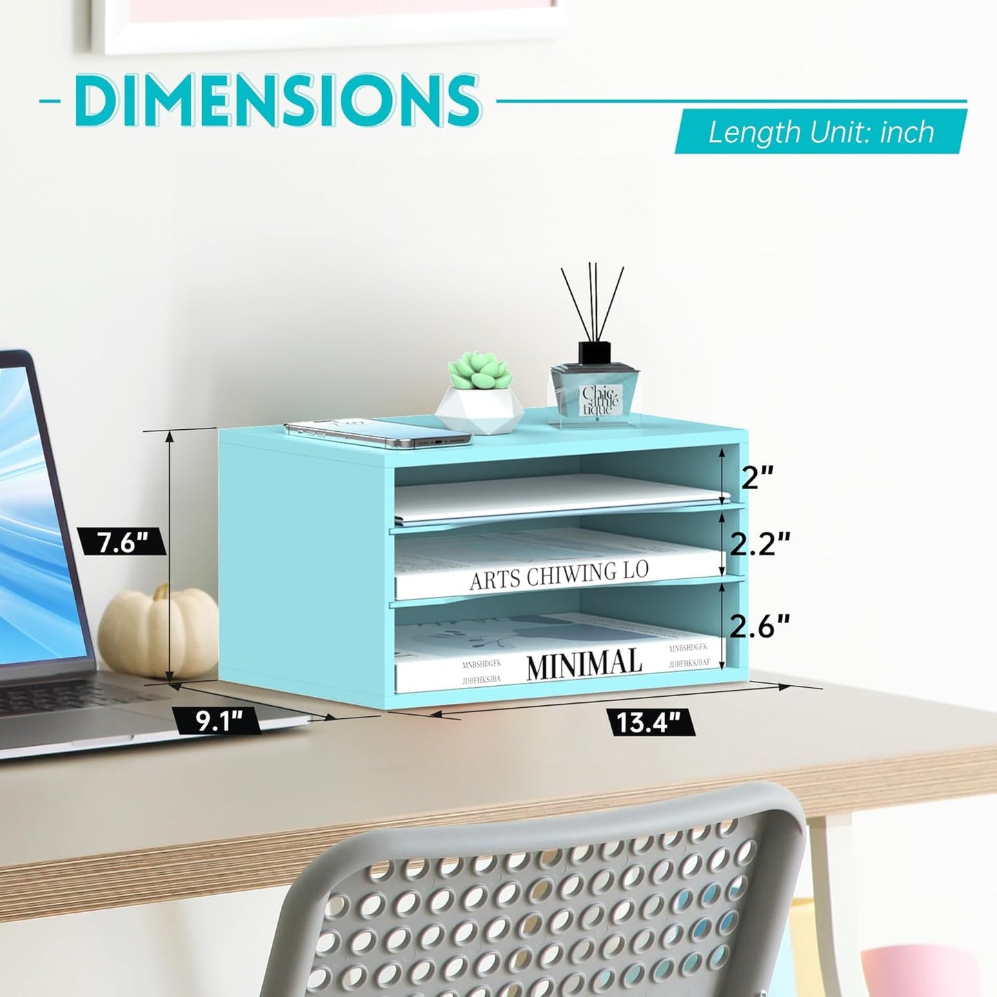 SUPEASY Wood Desk Organizer, 3 Tier Paper File Organizer for Desk, Wooden Desktop Organizer, Paper Letter Literature Mail Sorter, for Office School & Home Organization, Blue