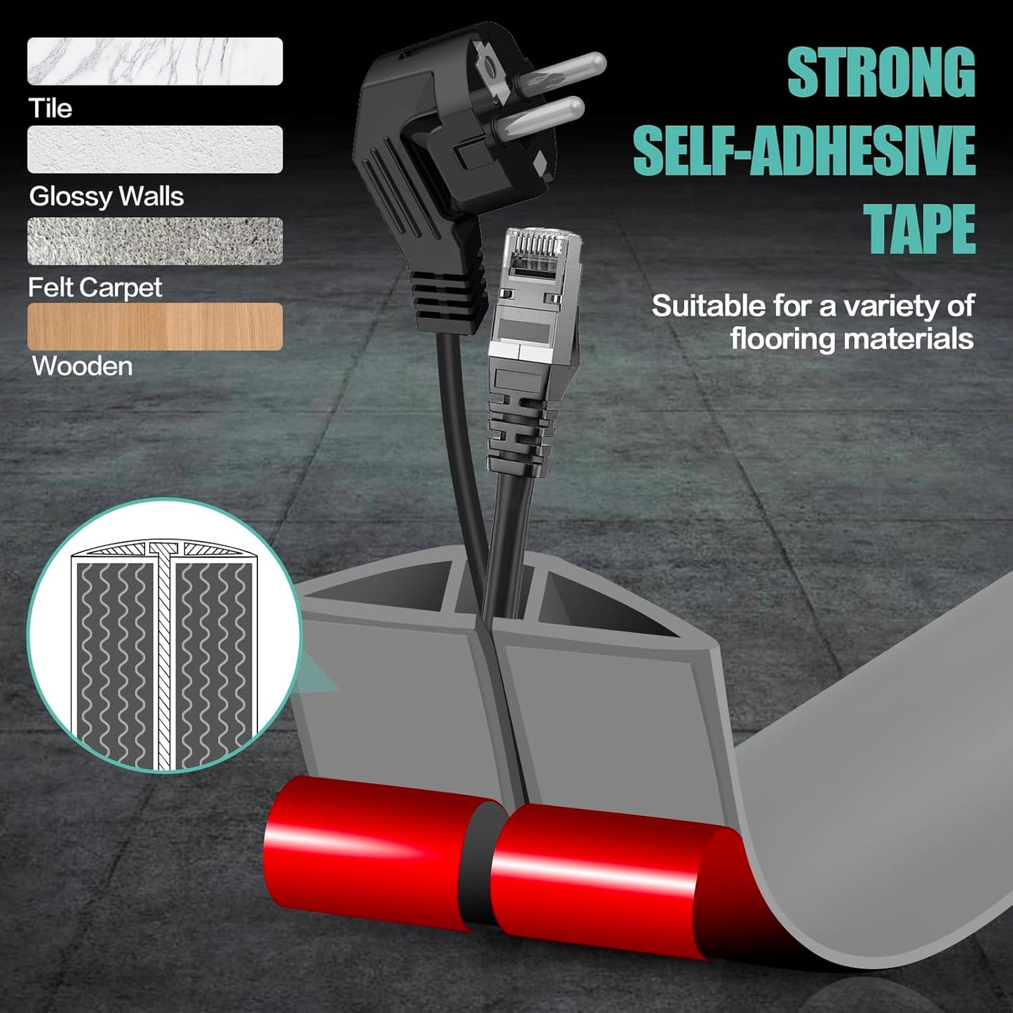 Floor Cord Cover Self Adhesive Cord Hider,10FT Cable Management, Extension Strip Protector for Wires, Prevent Cable Trips for Offices, Gyms, Exhibitions Cavity:0.3"(W) x 0.28"(H) Gray