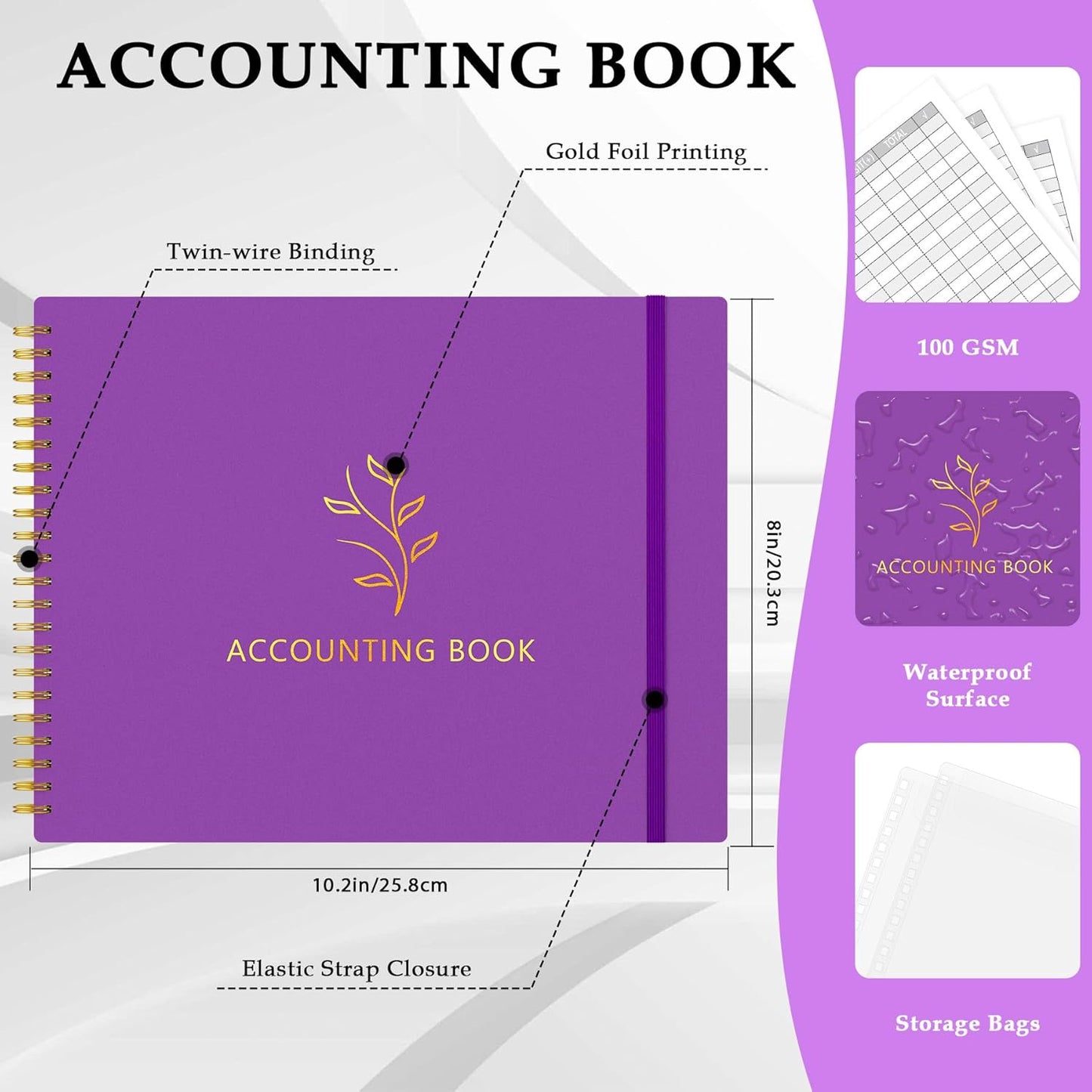Accounting Ledger Book for Small Business & Personal Use, Horizontal Expense Tracker Notebook Ledger Book for Bookkeeping, Financial Income and Expense Log Book 10.2" x 8", Dark Purple