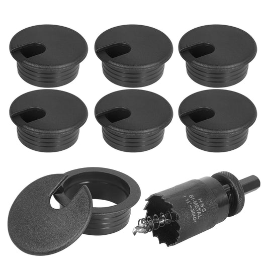 1-1/2" Black Desk Grommet with Bi-Metal Hole Saw, JTemgle Plastic Cable Hole Cover Computer Table Cord Wire Organizer Caps, Desktop Cord Management for Home Office TV Stands Tabletops, 7 Pieces