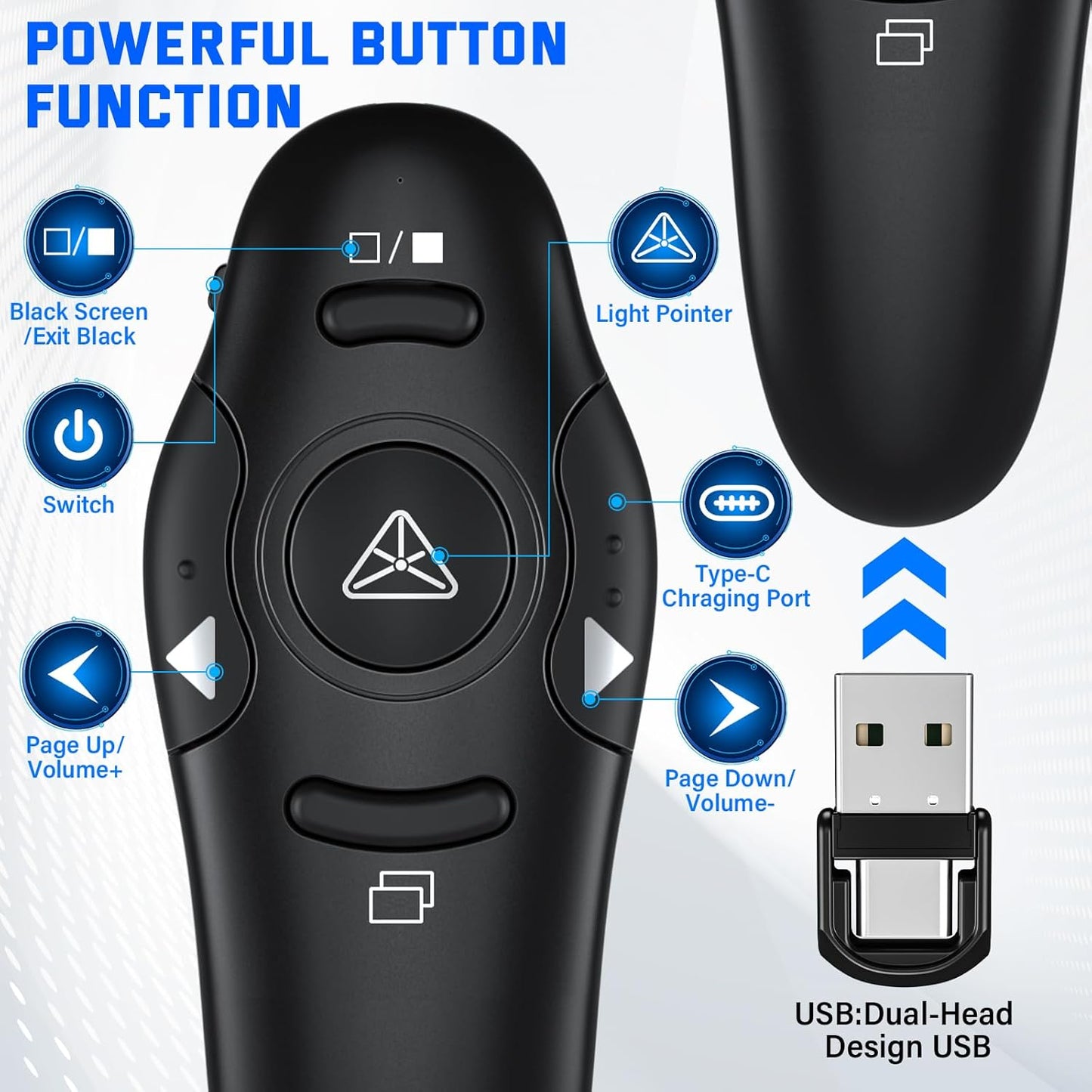 Presentation Clicker, Rechargeable Pointer, 2-in-1 USB Type C Powerpoint Clicker, Clicker for Powerpoint Presentations Slide Advancer, Presentation Clicker Wireless Presenter Remote Clicker