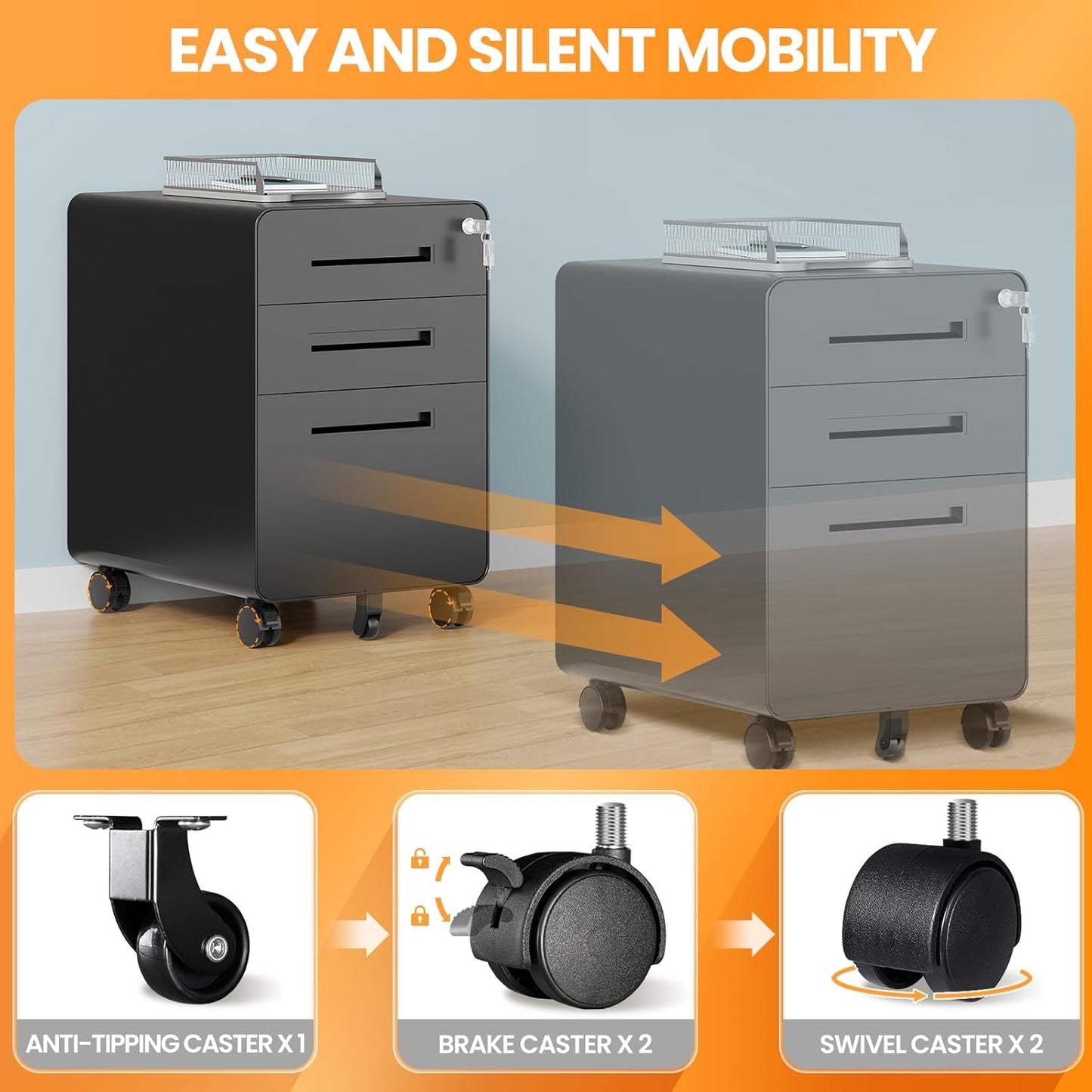 3 Drawer File Cabinet, Fully Assembled Mobile File Cabinets with Lock for Home Office, Metal Rolling Filing Caninet on Wheels, Three Drawer Under Desk Cabnet for Letter/Legal / A4 - Black