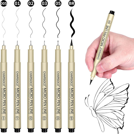 Black Micro Pens, 6 Sizes in 0.23mm - 2mm, Waterproof Archival Ink, Fine Point Pen for Artist Illustration, Sketching, Anime, Manga and Technical Drawing