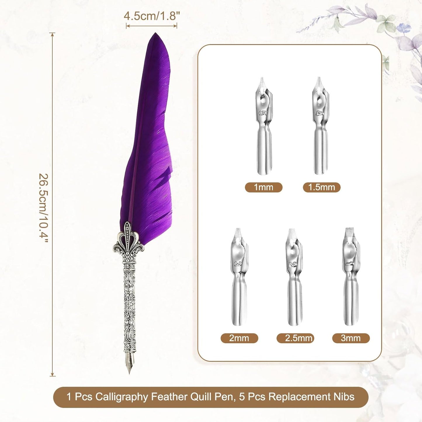 PATIKIL 26.5cm/10.4" Calligraphy Feather Quill Pen, Vintage Feather Dip Pen with 5 Replacement Nibs for Calligraphy Writing Wedding Office Gifts, Purple