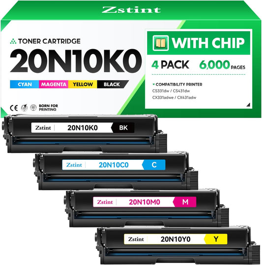 20N10K0 20N10C0 20N10M0 20N10Y0 Toner Cartridge Set（4-Pack with chip） Replacement Compatible for Lexmark Color CS331dw CS431dw CX331adwe CX431adw Laser Printer All-in-One（Black Cyan Magenta Yellow）
