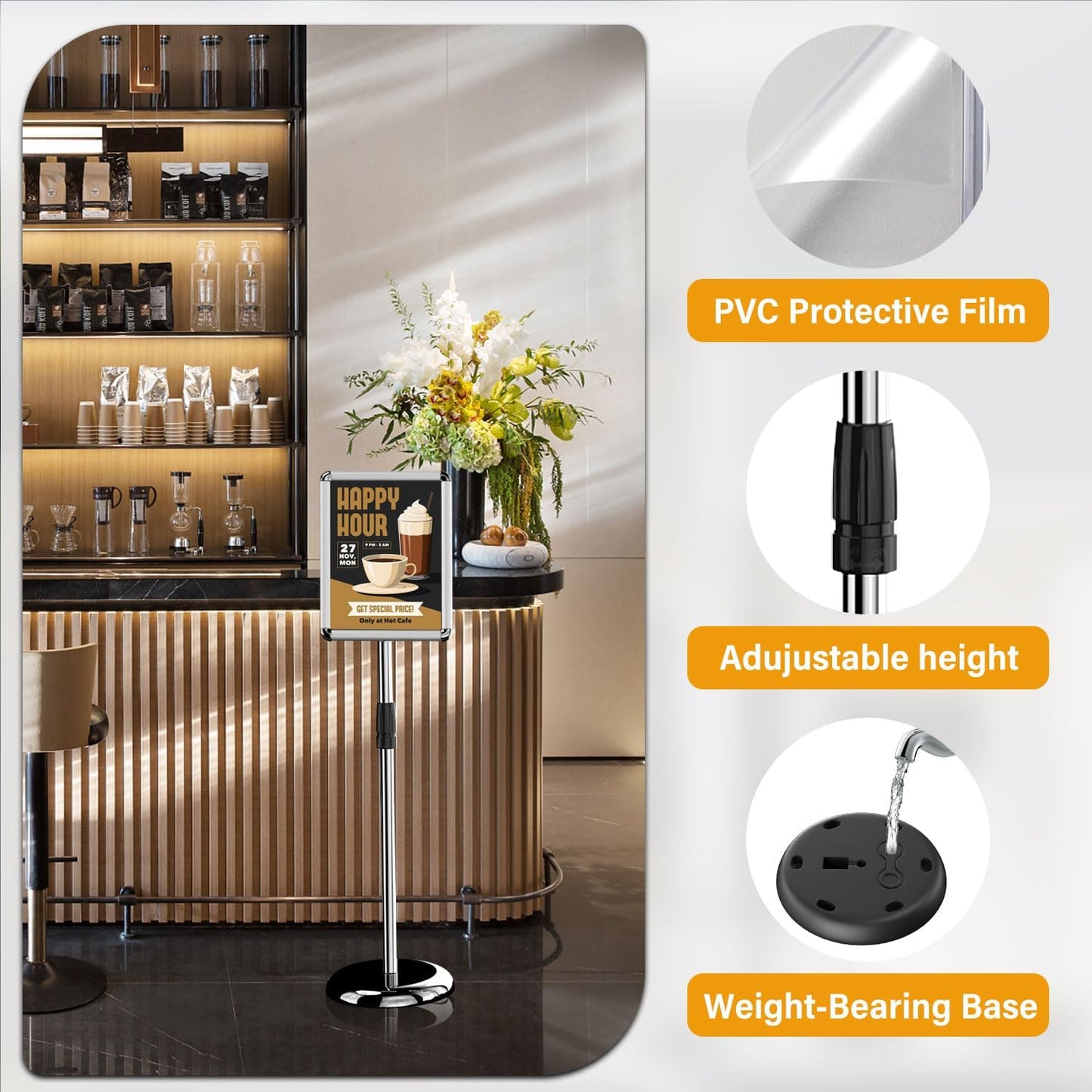 Sign Holder Poster Stand - 8.5 x 11 Inch Vertical & Horizontal Sign Stand Displayed Poster Holder - Round Corner sign holder for Display, Advertisement & Outdoor sign holder, Silver (1 Pack)