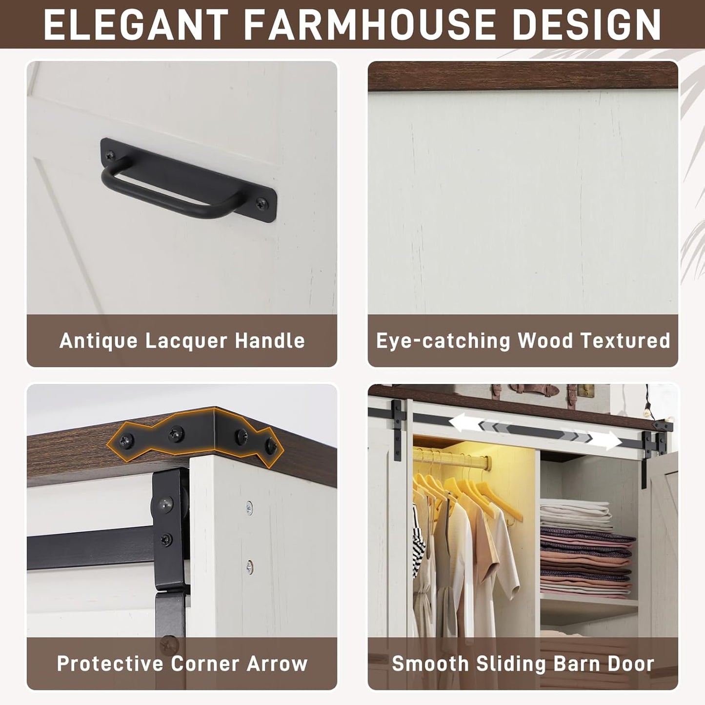 Farmhouse 4 Doors Armoire Wardrobe Closet w/Folding Sliding Barn Door and Lights, LED Armoire Closet w/Drawers for Bedroom, Freestanding Wooden Wardrobe Storage Closets w/Hanging Rod,Antique White