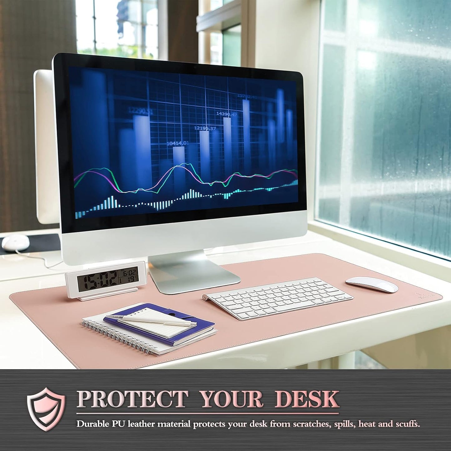 K KNODEL Desk Mat, Blotter, Dual-Sided Office Desk Pad, Waterproof Desk Mat for Desktop, Desk Blotters, PVC Leather Pad Protector (Pink, 35.4" x 17")